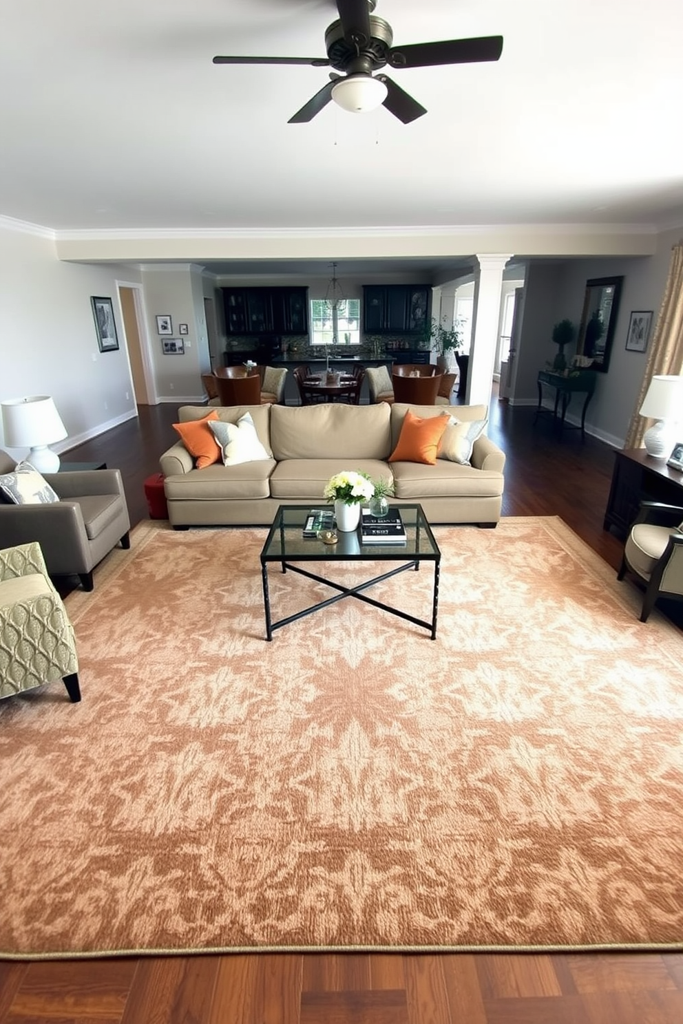 A large area rug anchors the spacious family room, providing a cozy focal point that enhances the overall warmth of the space. The rug features a subtle pattern that complements the surrounding furniture and decor, creating a harmonious atmosphere. The family room boasts a comfortable sectional sofa, adorned with plush throw pillows in complementary colors. A stylish coffee table sits at the center, surrounded by additional seating options that invite relaxation and conversation.