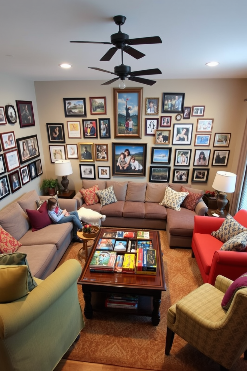 A spacious family room filled with personalized decor that reflects the family's interests and memories. The walls are adorned with framed photographs and artwork that showcase family milestones and hobbies. Comfortable seating arrangements include a large sectional sofa and colorful accent chairs that invite relaxation and conversation. A central coffee table displays family games and books, creating a warm and inviting atmosphere for gatherings.