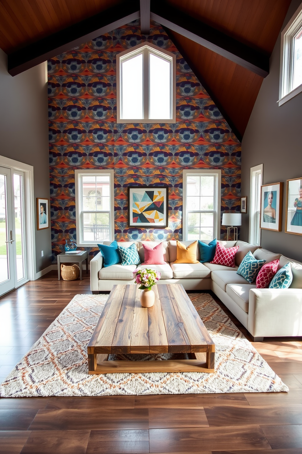 A large family room featuring an accent wall adorned with bold wallpaper showcasing a vibrant geometric pattern. The space is filled with a plush sectional sofa in a neutral tone, complemented by colorful throw pillows that echo the wallpaper's hues. Natural light floods the room through oversized windows, highlighting a stylish coffee table made of reclaimed wood at the center. A cozy area rug anchors the seating arrangement, while framed artwork adds personality to the walls.