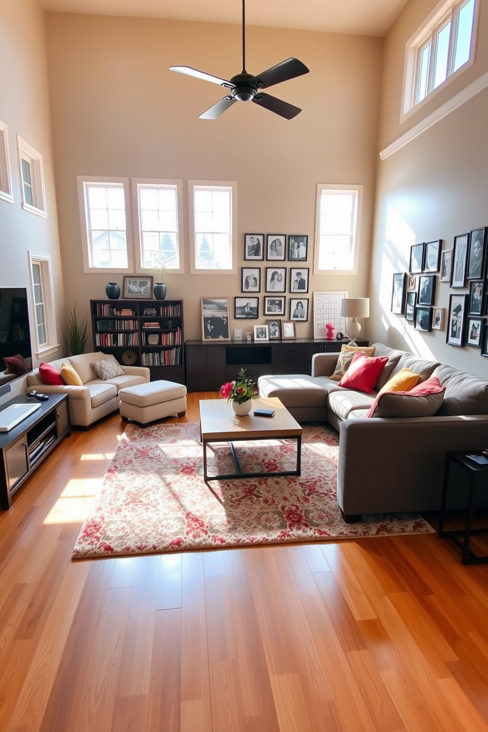 A spacious family room featuring an oversized coffee table at the center, surrounded by a plush sectional sofa adorned with colorful throw pillows. Natural light floods the space through large windows, highlighting a cozy area rug that complements the warm wooden flooring. The walls are painted in a soft beige tone, creating a welcoming atmosphere. On one side, a stylish entertainment unit houses a large television and decorative books, while the opposite wall showcases a gallery of family photos in elegant frames.