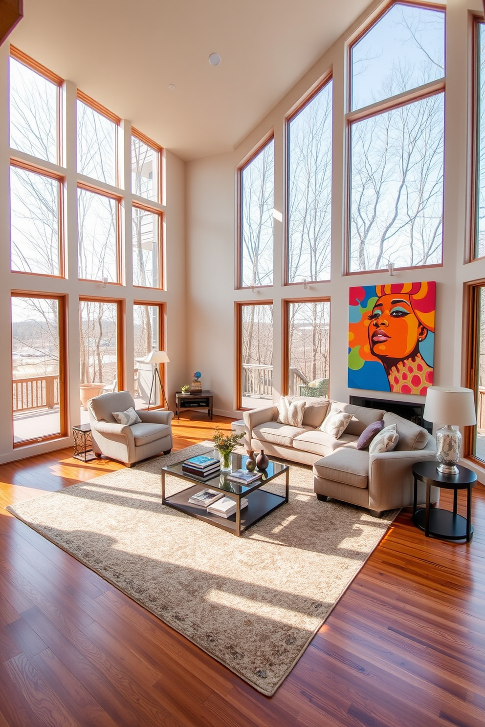 A spacious family room featuring floor-to-ceiling windows that flood the space with natural light. The room is designed with a comfortable sectional sofa, a large coffee table, and an area rug that adds warmth to the hardwood floor. In one corner, a cozy reading nook is created with an oversized armchair and a small side table. The walls are painted in a soft neutral tone, complemented by vibrant artwork that adds a pop of color.