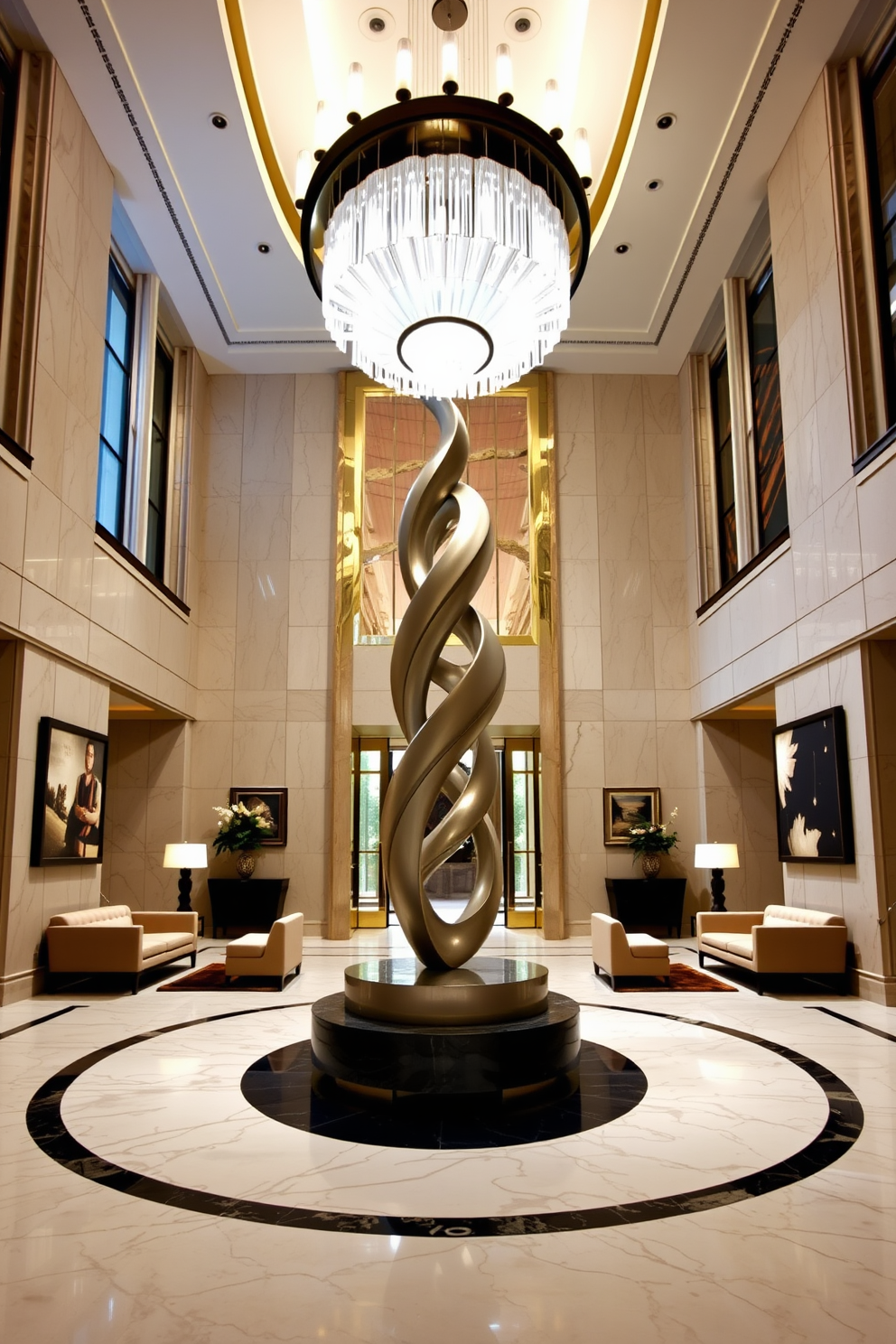 A grand foyer featuring a stunning artistic sculpture as the centerpiece. The space is illuminated by a modern chandelier, with elegant marble flooring and high ceilings that create a dramatic entrance. Surrounding the sculpture are plush seating arrangements, inviting guests to pause and admire the artwork. The walls are adorned with tasteful artwork, enhancing the luxurious ambiance of the foyer.