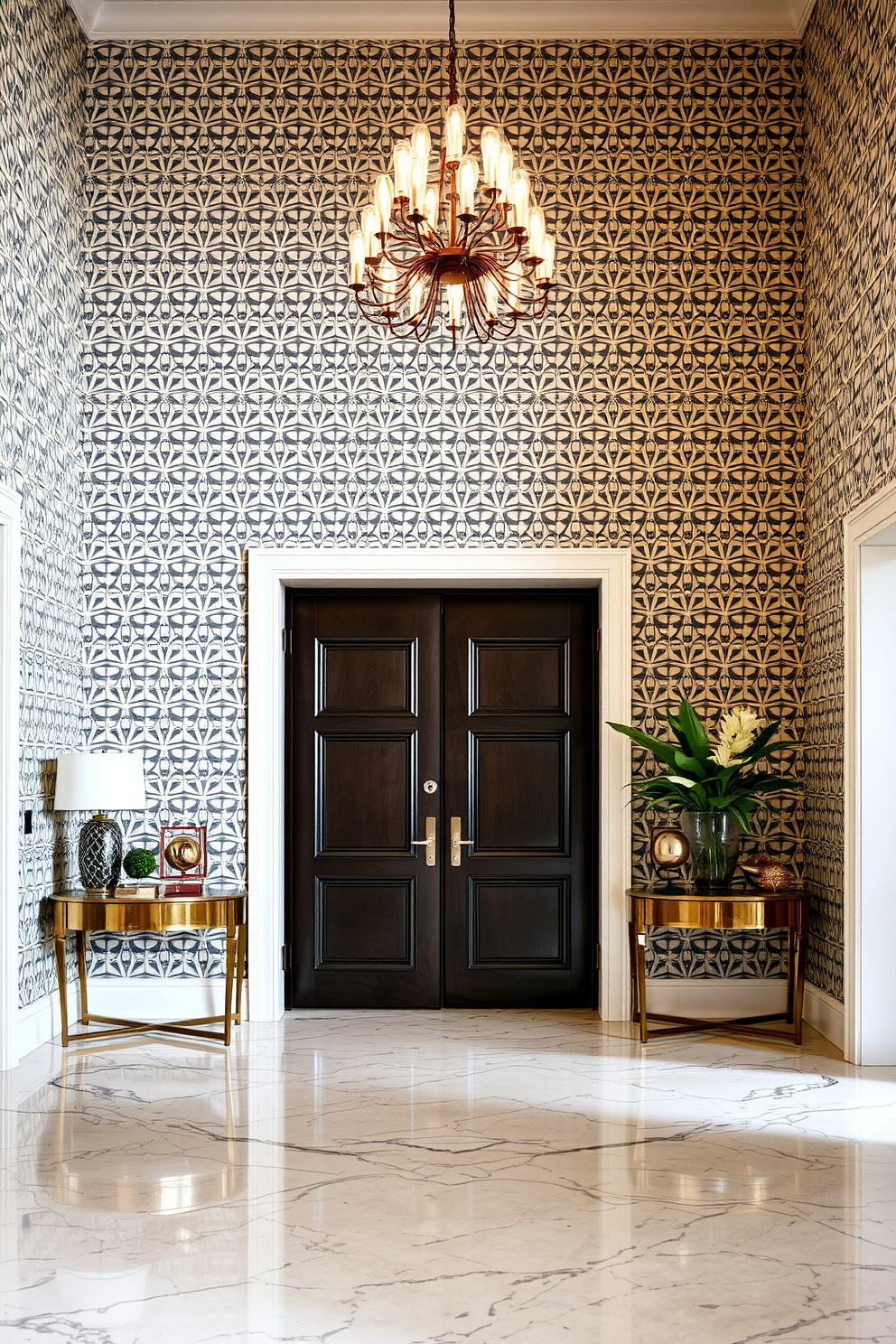 A grand foyer featuring geometric patterned wallpaper that adds visual interest and depth to the space. The floor is adorned with a polished marble finish that complements the bold design of the wallpaper. An elegant chandelier hangs from the ceiling, casting a warm glow throughout the area. Flanking the entrance are two stylish console tables, each topped with decorative accents and fresh greenery.