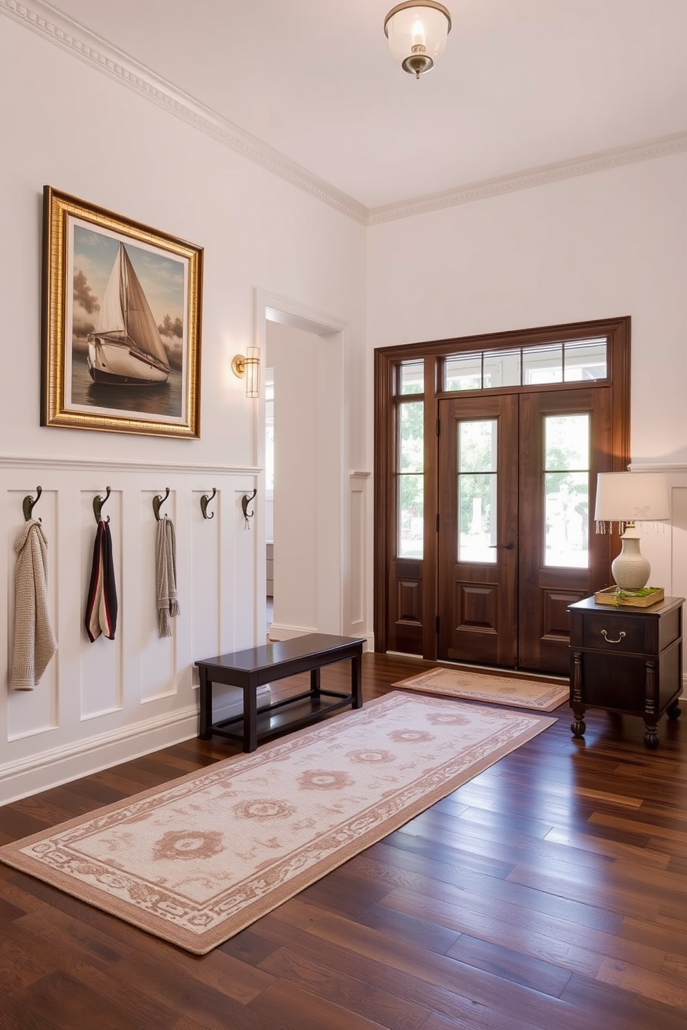 A spacious foyer features functional coat hooks arranged neatly near the entrance for easy access. The walls are adorned with elegant artwork, and the floor is covered with a stylish area rug that adds warmth to the space.