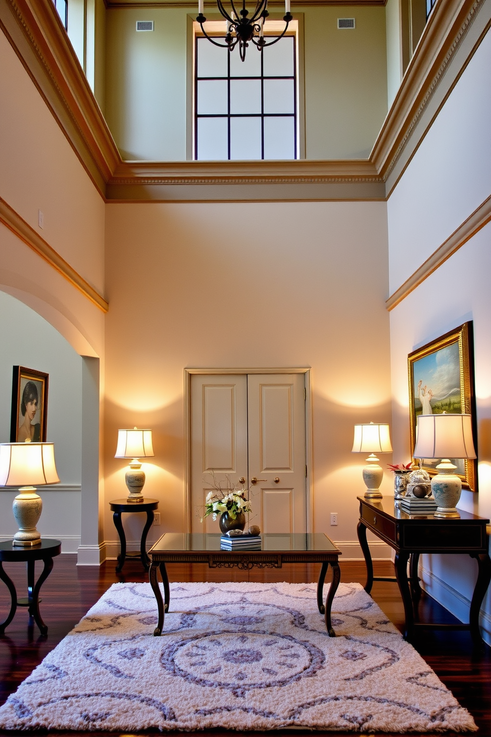 A spacious foyer with high ceilings and elegant architectural details. Soft lighting emanates from stylish table lamps placed on each of the side tables, creating a warm and inviting atmosphere. The walls are adorned with tasteful artwork that complements the overall color scheme. A plush area rug anchors the space, while a beautiful console table offers a perfect spot for decorative accents.