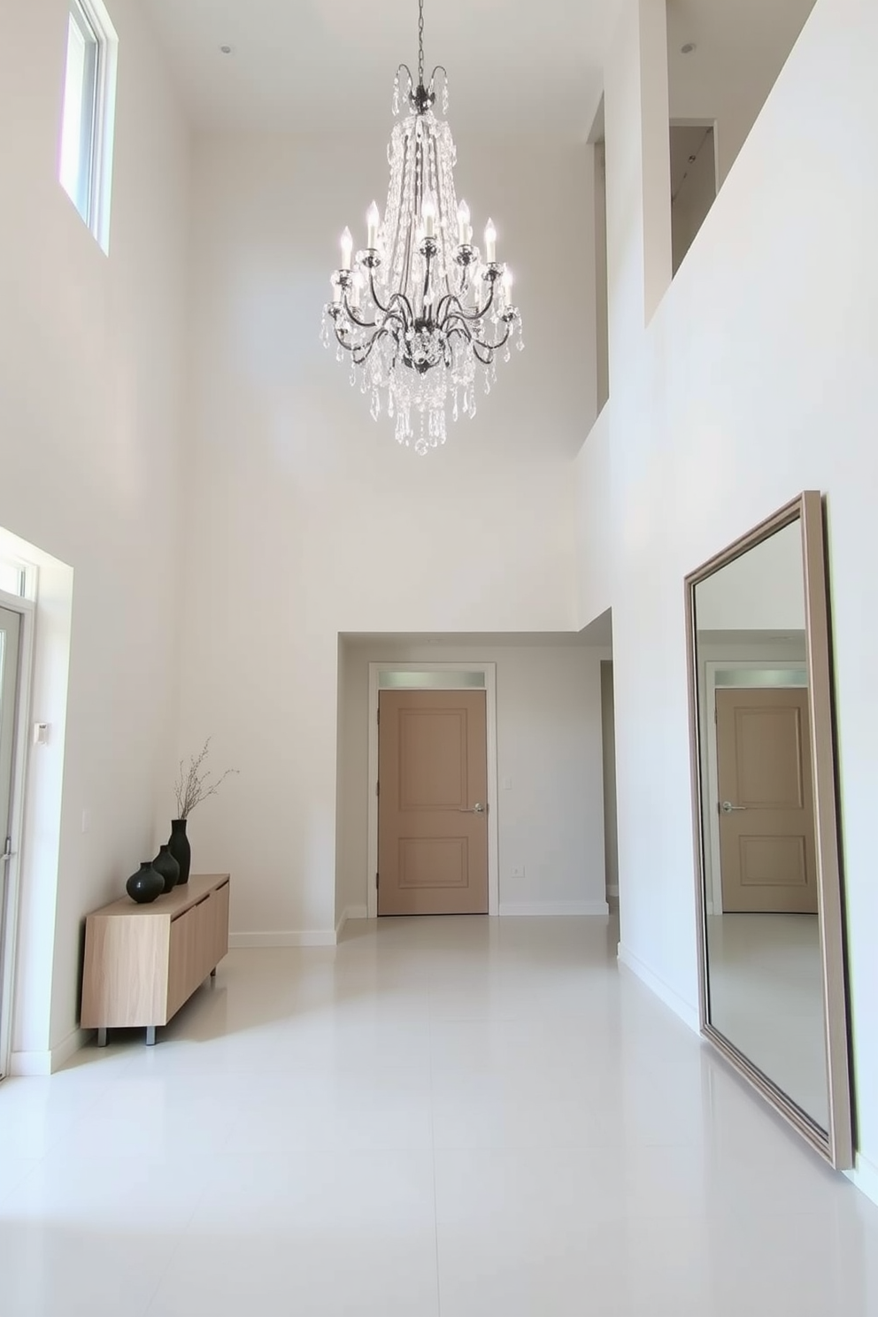 A large foyer with a neutral palette creates a calming atmosphere. The space features a grand chandelier hanging from a high ceiling, illuminating the area with soft light. To the left, a sleek console table in light wood is adorned with a few carefully chosen decorative items. A large mirror with a simple frame reflects the light, enhancing the sense of openness in the foyer.