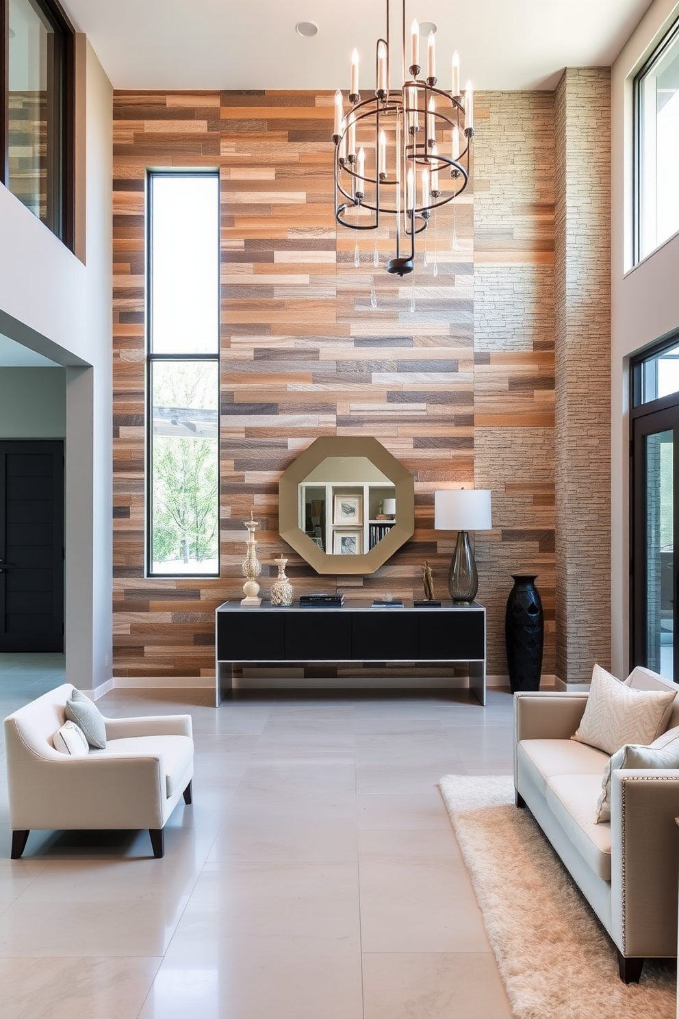 A stunning foyer featuring an accent wall adorned with textured materials such as reclaimed wood and stone. The space is illuminated by a modern chandelier, enhancing the grandeur of the high ceilings and inviting natural light through large windows. The foyer is complemented by a sleek console table against the accent wall, topped with decorative objects and a stylish mirror. Plush seating is arranged nearby, creating a welcoming atmosphere for guests as they enter the home.