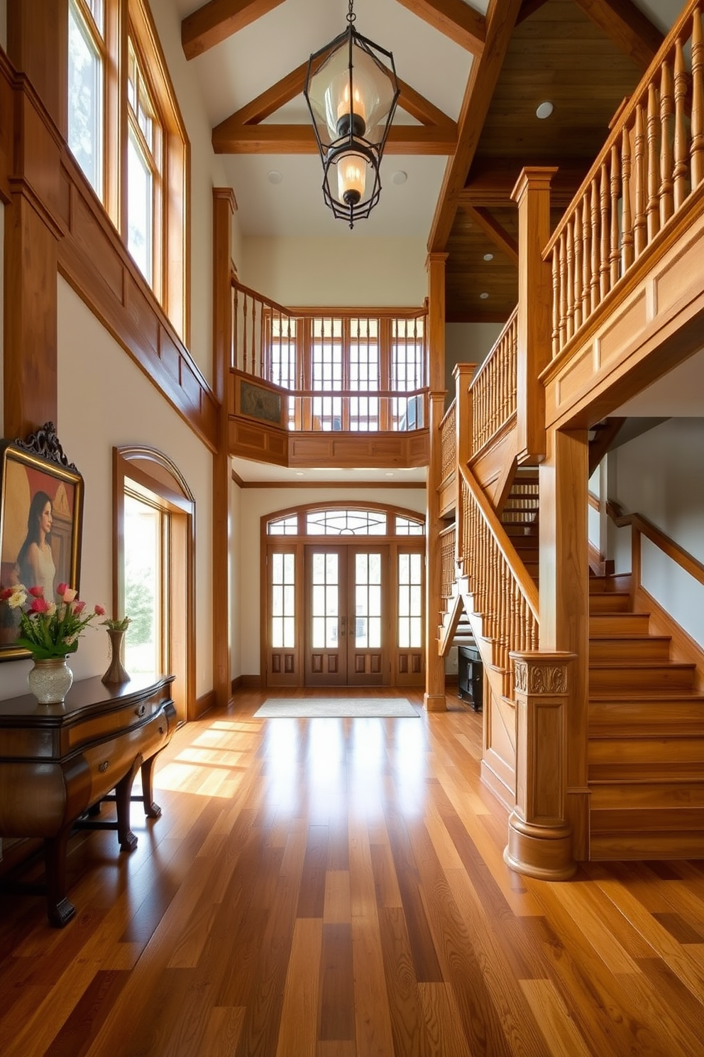 A grand foyer featuring natural wood elements that exude warmth and charm. The space is highlighted by a large wooden staircase with intricate railings, complemented by a beautiful hardwood floor that adds to the inviting atmosphere.