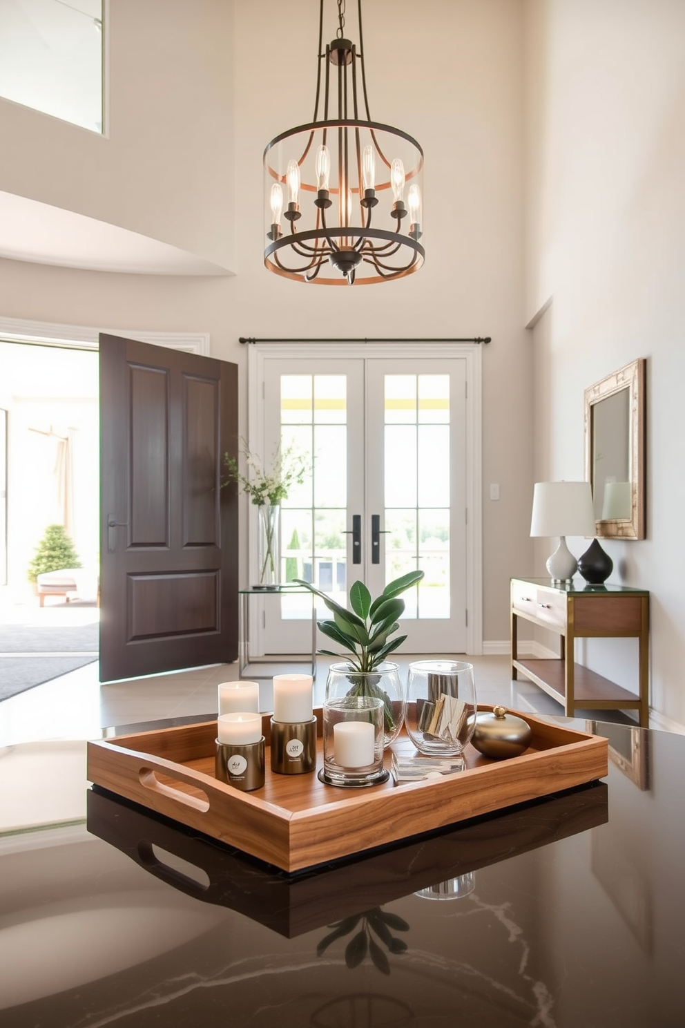 A decorative tray is elegantly placed on a polished surface, featuring an assortment of small items such as candles, coasters, and a small potted plant. The tray is made of natural wood, adding warmth to the overall aesthetic while keeping the space tidy and organized. The foyer is designed with high ceilings and grand double doors that invite natural light into the space. A statement chandelier hangs above, complemented by a stylish console table adorned with decorative accents and a large mirror that enhances the sense of openness.