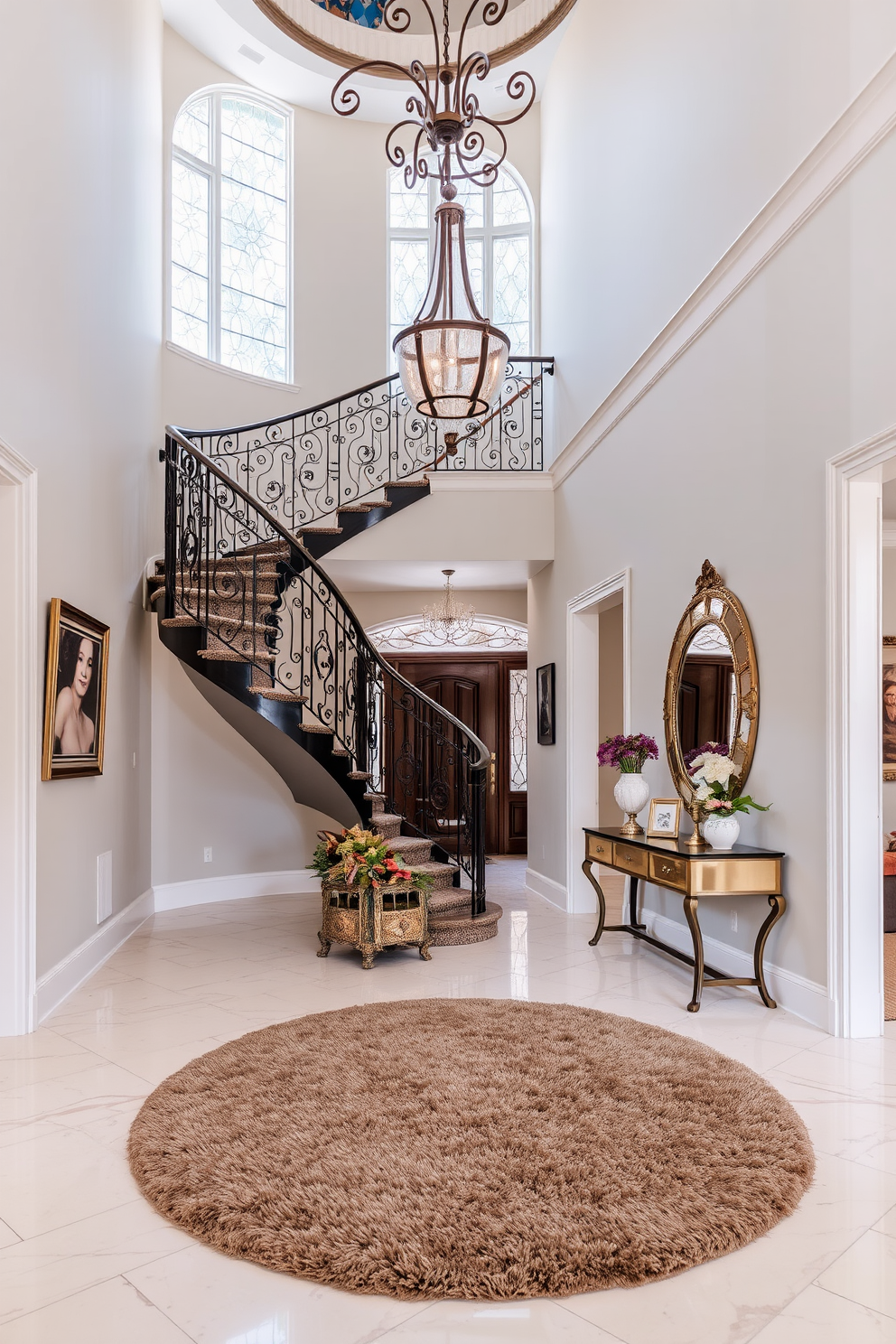 A stunning foyer featuring a grand staircase with a wrought iron railing that spirals elegantly. The space is illuminated by a unique light fixture with a mix of glass and metal, adding character and sophistication to the entrance. The walls are adorned with tasteful artwork, and the floor is covered in a polished marble that reflects the light beautifully. A plush area rug anchors the space, while a stylish console table holds decorative elements and a statement mirror.