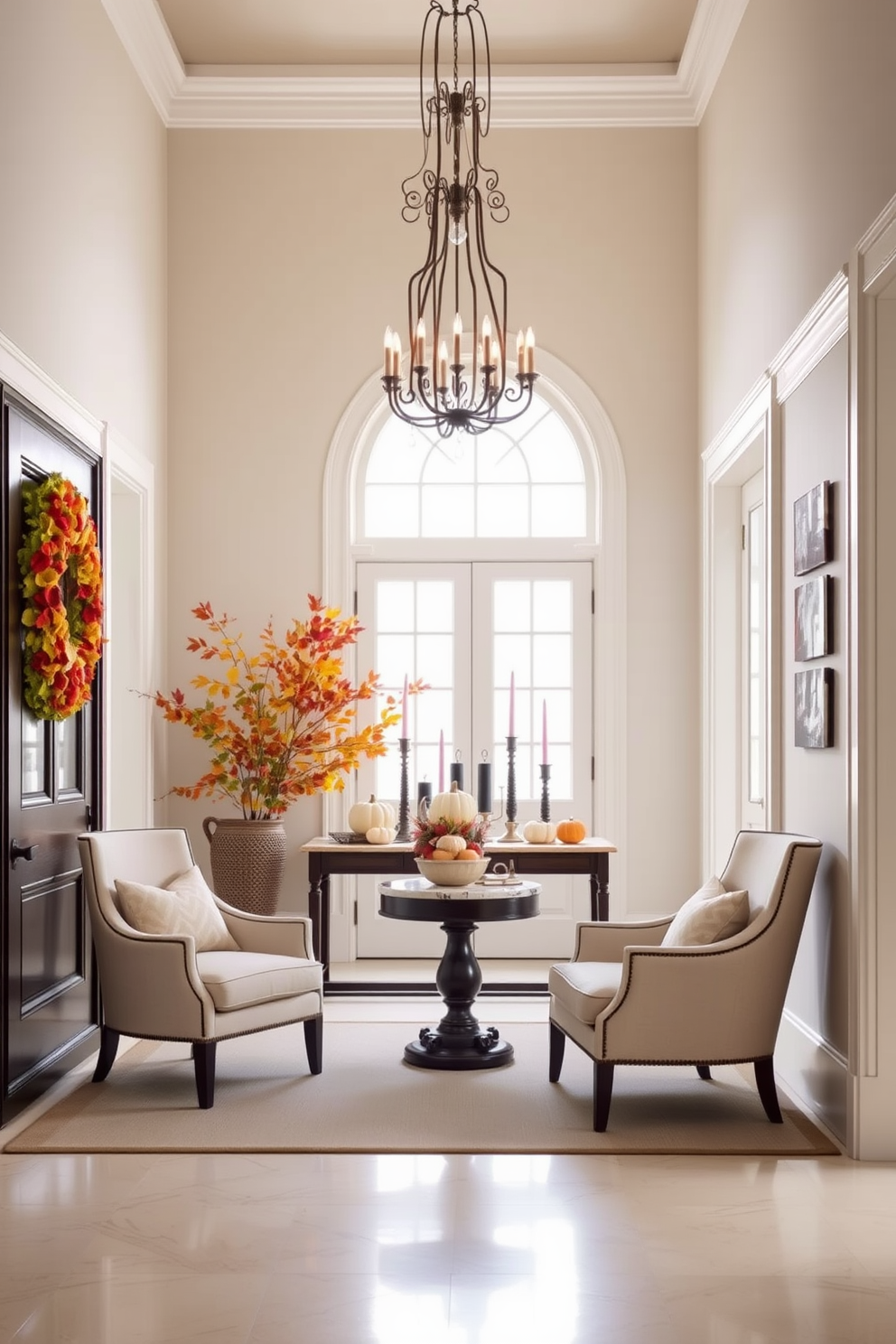 Seasonal decor for a fresh look. Imagine a bright and airy foyer adorned with seasonal elements like a vibrant autumn wreath on the door and a console table decorated with pumpkins and candles. Large foyer design ideas. Envision a spacious entrance featuring a grand chandelier hanging from a high ceiling, complemented by a pair of elegant armchairs flanking a marble-topped side table.