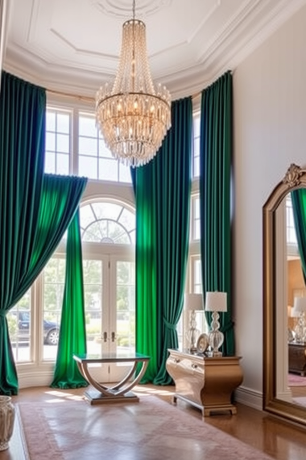 Elegant drapes to frame windows beautifully. The drapes are made of rich velvet in a deep emerald hue, cascading gracefully to the floor and adding a touch of luxury to the space. Large foyer design ideas. The foyer features a grand chandelier hanging from a high ceiling, with a statement console table adorned with decorative accents and a large mirror reflecting the light.