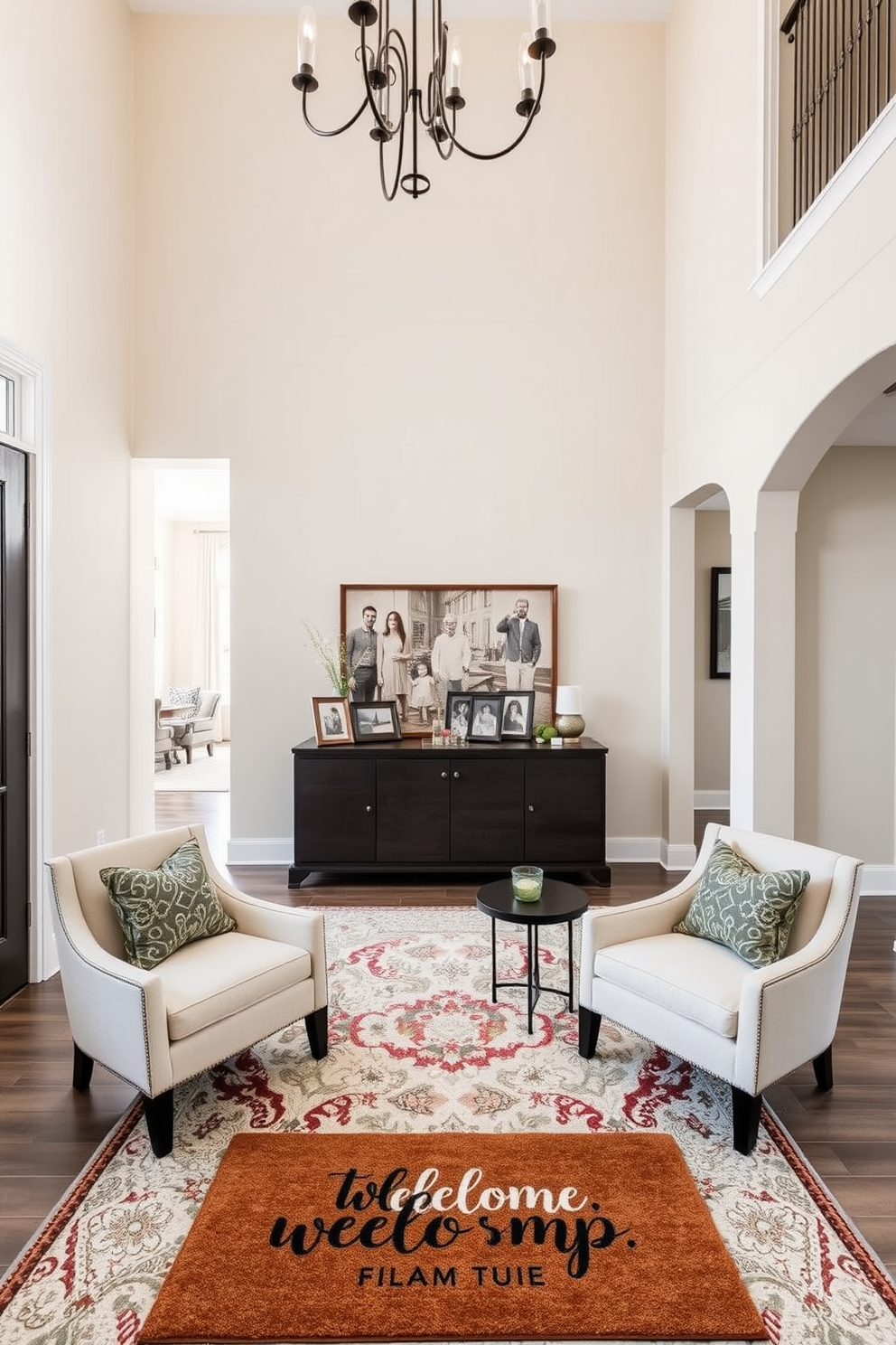 A welcoming doormat with a personal touch greets guests as they enter the spacious foyer. The foyer features high ceilings adorned with elegant light fixtures and a statement console table that showcases family photos and decorative accents. Soft neutral tones dominate the walls, creating a warm and inviting atmosphere. A plush area rug lies beneath a stylish seating arrangement that includes a pair of accent chairs and a small side table for added comfort.