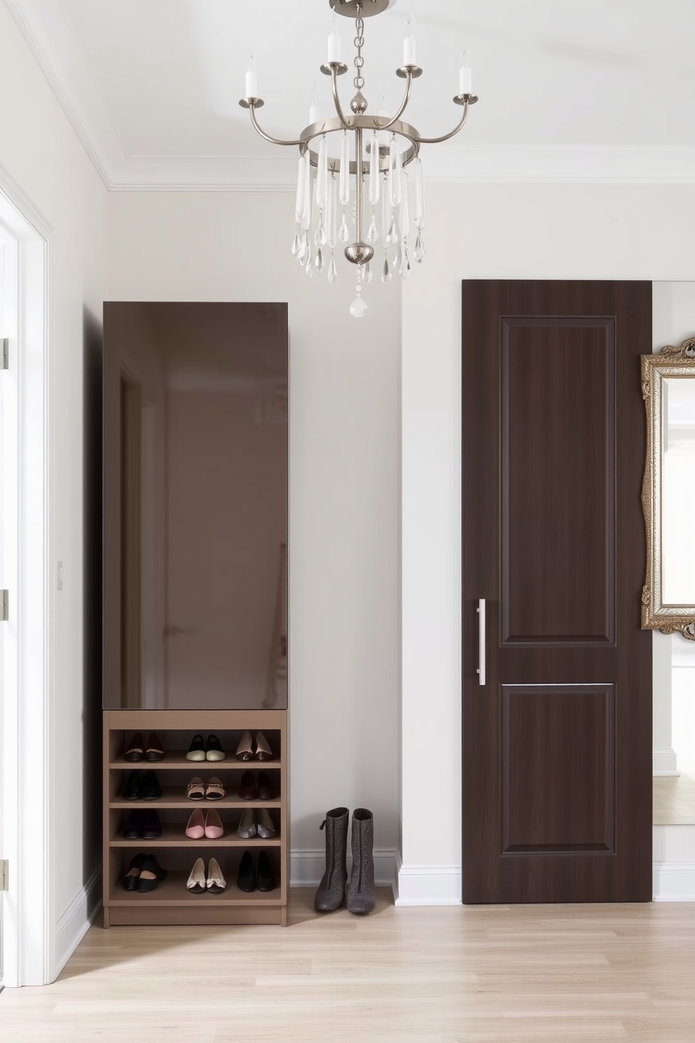 A sleek shoe cabinet with a minimalist design stands against the wall, featuring clean lines and a high-gloss finish. The cabinet has multiple compartments for organized storage, ensuring easy access to shoes while maintaining a tidy appearance. The foyer is spacious and inviting, with a statement chandelier hanging from the ceiling. A large mirror with a decorative frame is mounted on one wall, reflecting natural light and enhancing the sense of openness.