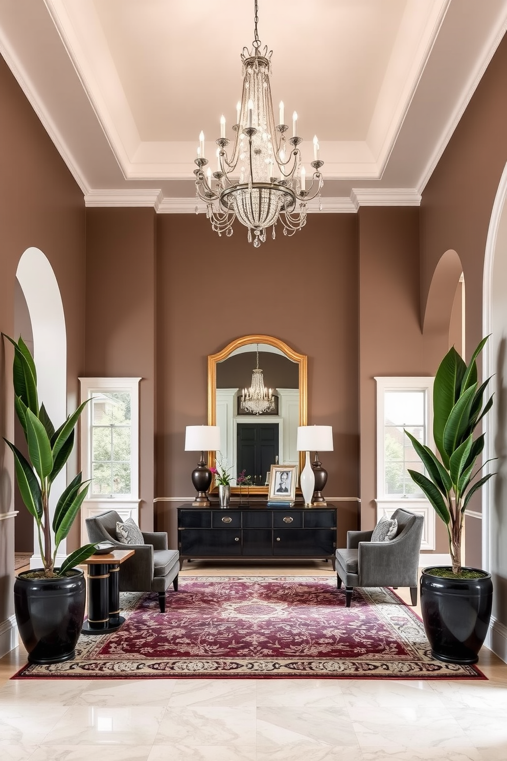 A cohesive color scheme that blends soft neutrals with deep jewel tones creates an inviting atmosphere. The foyer features a grand chandelier that illuminates the space, while an oversized area rug anchors the seating area. Large foyer design ideas include a statement console table adorned with decorative accessories and a large mirror that reflects light. Tall potted plants flanking the entrance add a touch of greenery and warmth to the overall design.