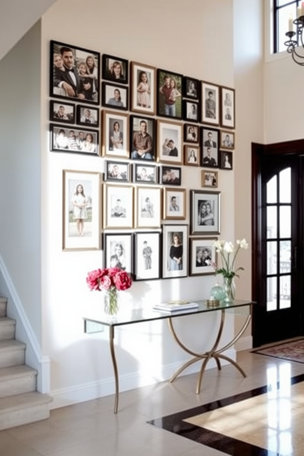 A stunning gallery wall showcasing an array of family photos in various frames. The photos are arranged in a harmonious layout, creating a warm and inviting atmosphere. The foyer features a grand entrance with high ceilings and elegant lighting. A stylish console table is placed against the wall, adorned with decorative items and fresh flowers.