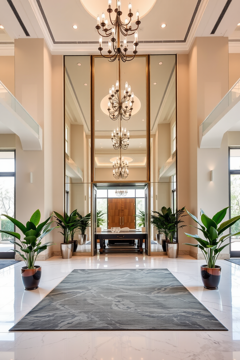 A large foyer featuring a grand entrance with high ceilings and elegant light fixtures. The space is adorned with a large mirror that reflects natural light, creating an airy and welcoming atmosphere. The floor is covered with polished marble tiles, complemented by a stylish area rug that adds warmth. Flanking the entrance are potted plants that bring a touch of greenery to the sophisticated design.