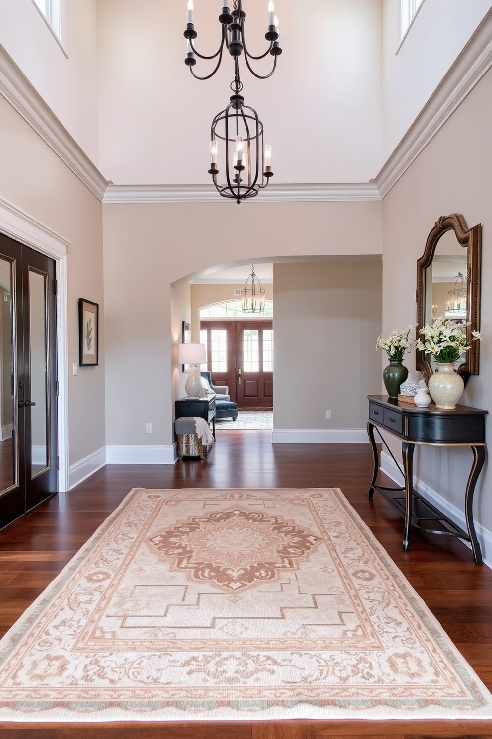 Layered rugs create a cozy atmosphere in a spacious foyer. The base rug is a large neutral-toned piece, while a smaller, patterned rug adds a pop of color and interest. The foyer features high ceilings with elegant lighting fixtures that draw the eye upward. A console table against the wall displays decorative items and a mirror, enhancing the sense of space and style.