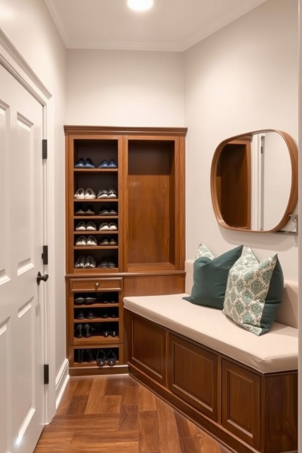 A spacious foyer featuring custom built-in storage for shoes. The storage unit is designed with elegant wooden cabinetry and a bench for seating, adorned with decorative pillows.