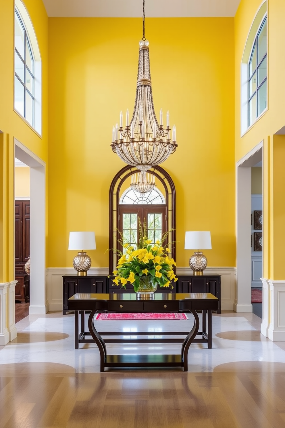 Bright color scheme for a cheerful vibe. The foyer is filled with vibrant hues like sunny yellow and sky blue, creating an uplifting atmosphere. Large foyer design ideas. A spacious entryway features a grand chandelier, an oversized mirror, and a statement console table adorned with fresh flowers.