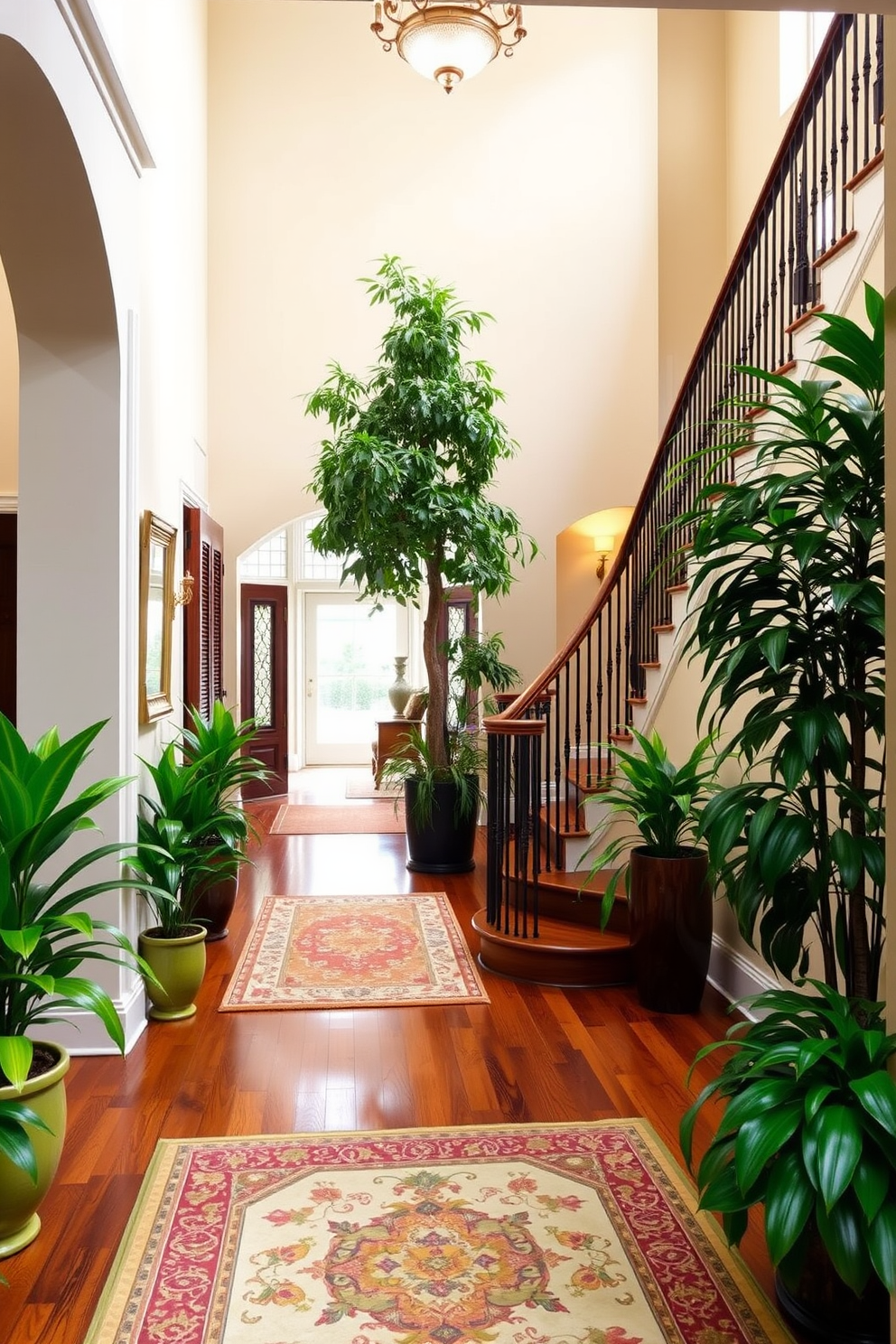 A large foyer filled with welcoming plants creates an inviting atmosphere. Bright green potted plants are strategically placed in the corners, while a statement tree stands near the entrance. The foyer features a grand staircase with elegant railings that draw the eye upward. Soft lighting illuminates the space, highlighting the rich wood flooring and a beautiful area rug that adds warmth and texture.