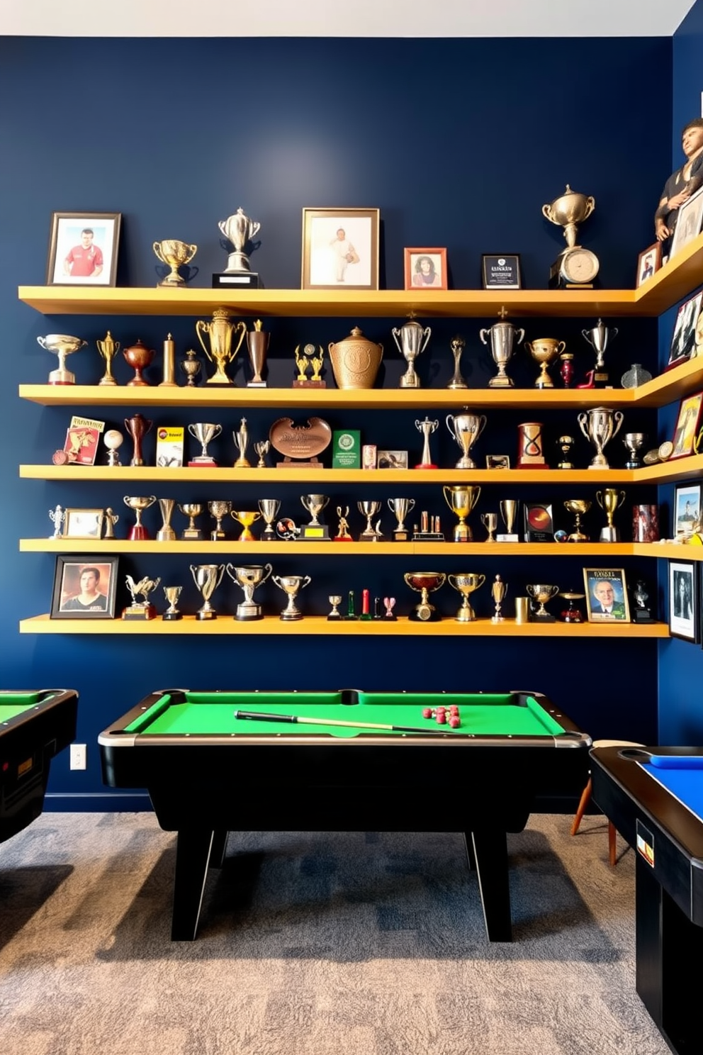 A vibrant game room featuring a large wall adorned with floating shelves displaying an impressive collection of trophies and memorabilia. The walls are painted in a deep navy blue, creating a bold backdrop for the shelves, while the floor is covered in a plush grey carpet for comfort during long gaming sessions.