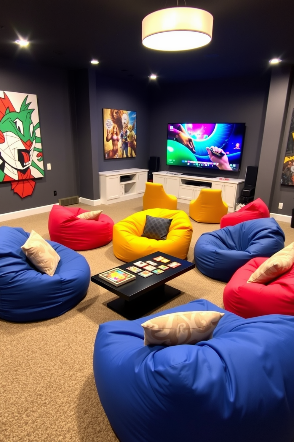 Comfortable bean bags in vibrant colors are scattered throughout a spacious game room, inviting relaxation and socializing. The walls are adorned with dynamic artwork, and a large flat-screen TV dominates one corner, creating a lively atmosphere for gaming and entertainment. The flooring is a soft, plush carpet that enhances the cozy feel of the space. In addition to the bean bags, a sleek coffee table sits in the center, surrounded by board games and snacks, making it the perfect spot for gatherings.