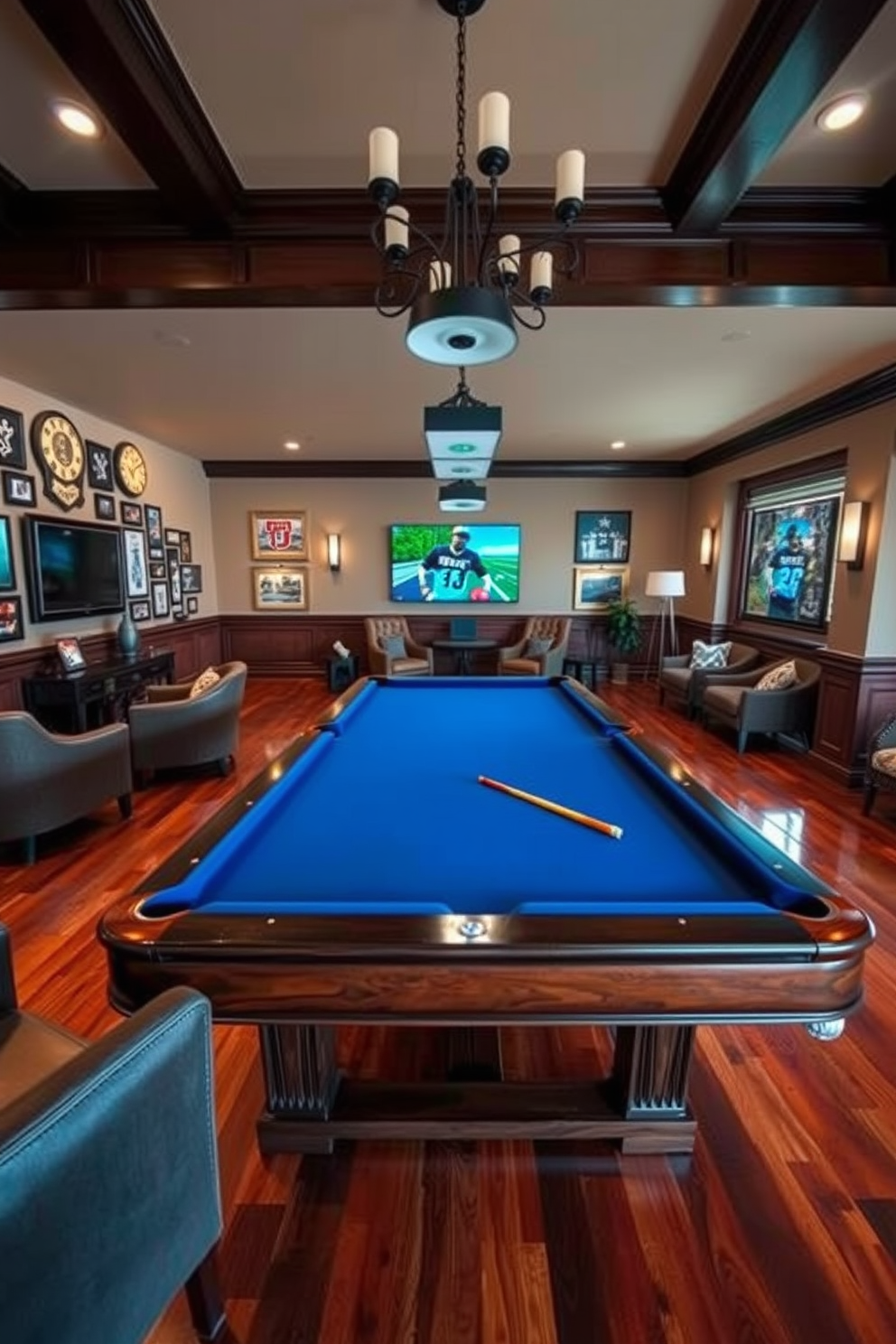 A large game room features a stunning pool table as the centerpiece, surrounded by comfortable seating and stylish decor. The walls are adorned with framed sports memorabilia, and the flooring is a rich hardwood that complements the overall design.