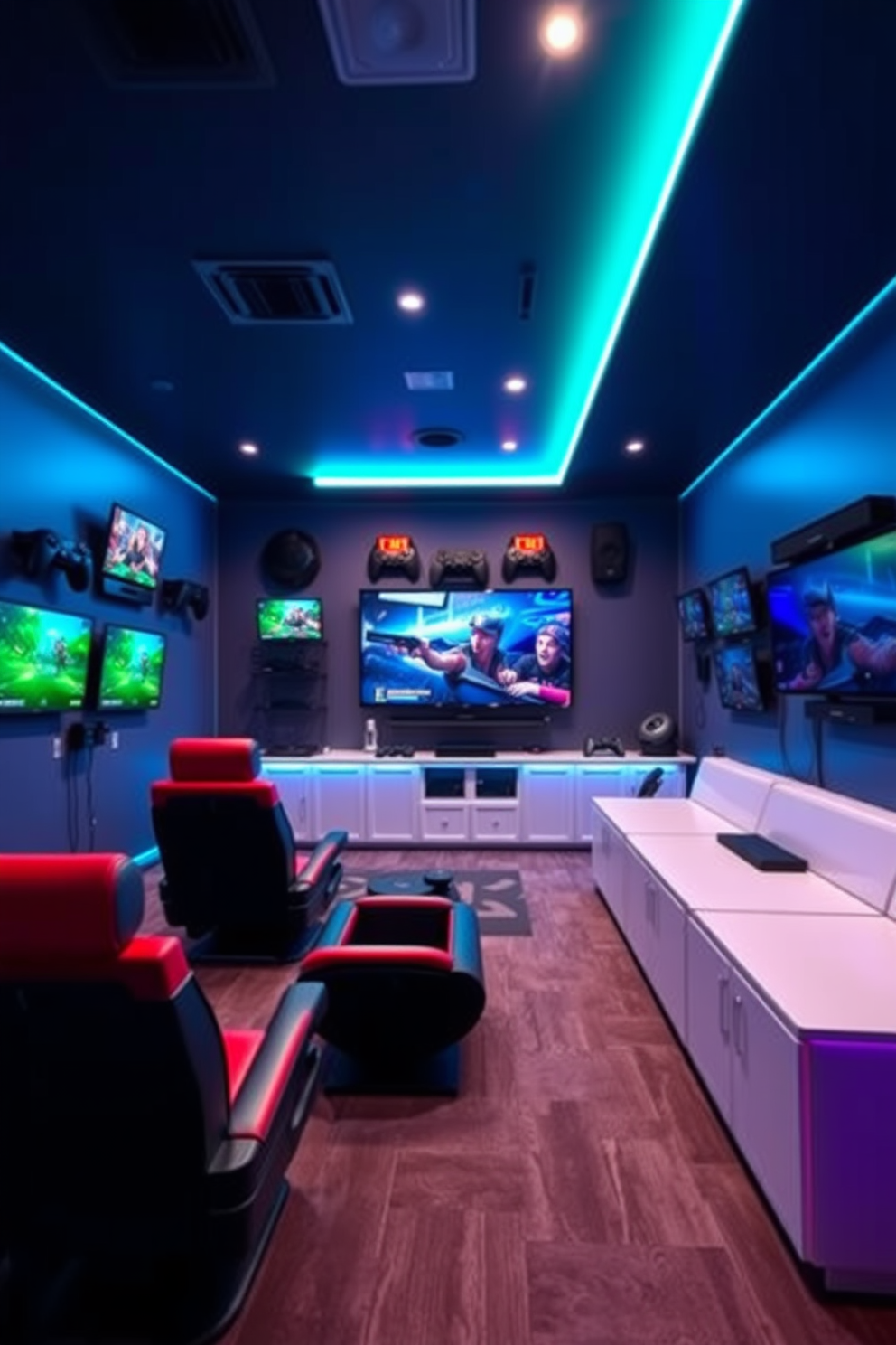 A spacious game room featuring wall-mounted consoles for video gaming. The room is designed with comfortable seating, vibrant LED lighting, and a large screen for immersive gaming experiences.