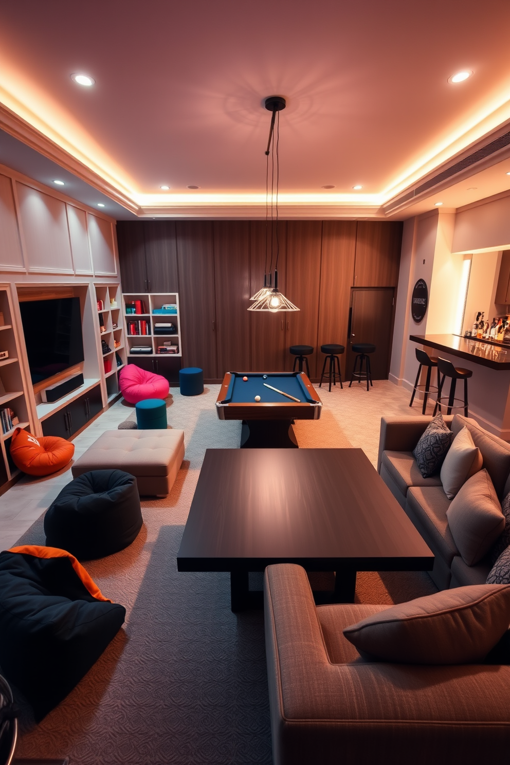 A spacious game room with soft ambient lighting creating a cozy and inviting atmosphere. The room features a plush sectional sofa in a neutral tone, surrounded by a mix of vibrant bean bags and a stylish coffee table. On one side, a large wall-mounted TV is framed by built-in shelves filled with games and books. An elegant pool table occupies the center of the room, complemented by a sleek bar area with high stools and decorative pendant lights above.