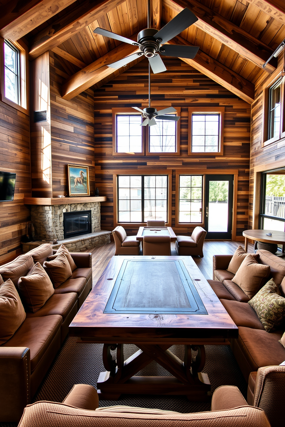 A spacious game room featuring rustic wooden accents that create a warm and inviting atmosphere. The room is equipped with a large wooden table for board games, surrounded by comfortable seating options in earthy tones. The walls are adorned with reclaimed wood paneling, adding character and charm to the space. A cozy fireplace in one corner enhances the rustic feel, while large windows allow natural light to flood the room.