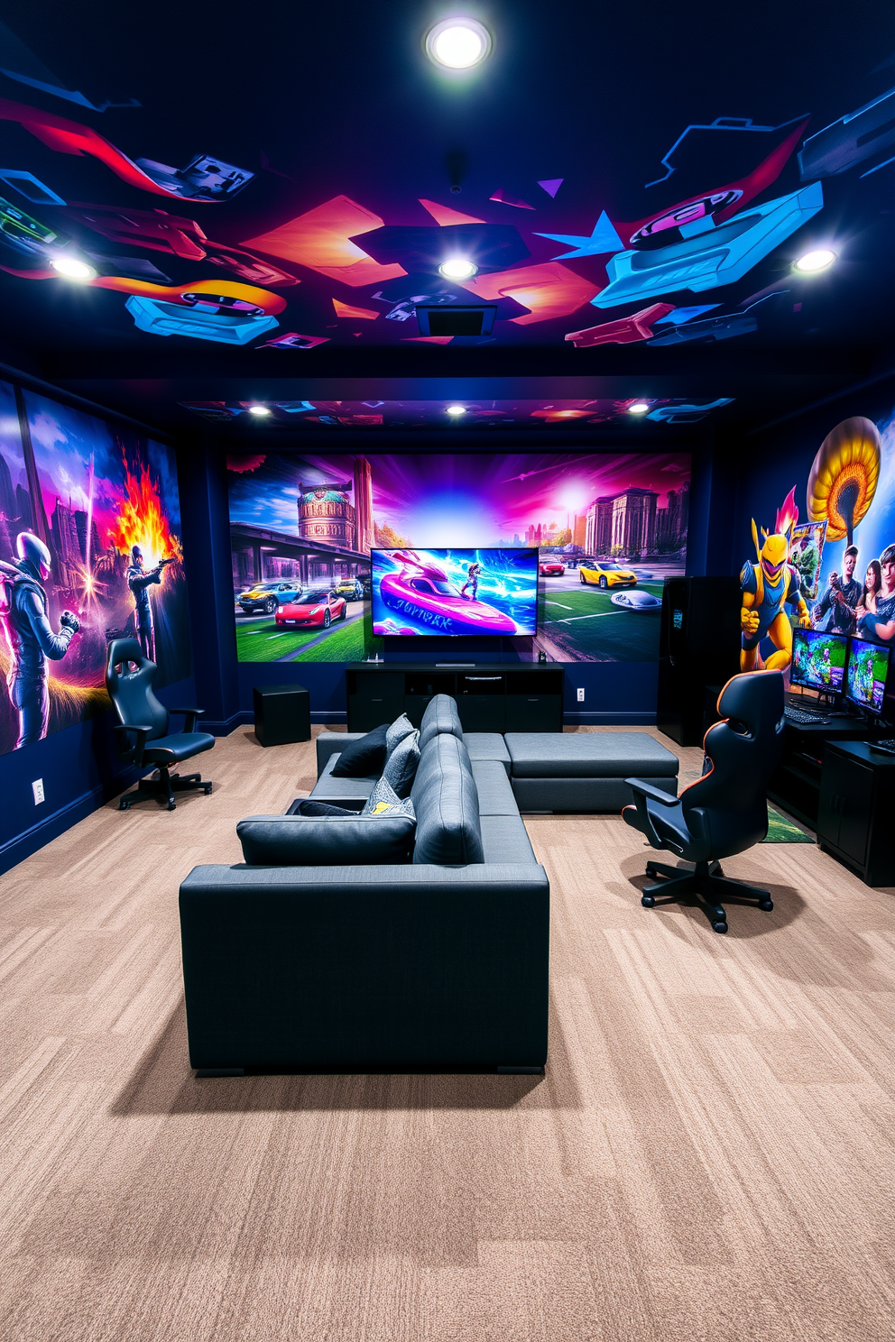 A spacious game room adorned with artistic murals depicting vibrant game scenes that capture the excitement of gaming culture. The walls are painted in a deep navy blue, providing a dramatic backdrop for the colorful artwork, while the flooring features plush carpeting for comfort during long gaming sessions. In the center of the room, a large sectional sofa offers ample seating, upholstered in a durable fabric that complements the mural colors. Surrounding the sofa are sleek gaming chairs and a custom-built entertainment unit showcasing the latest gaming consoles and accessories.