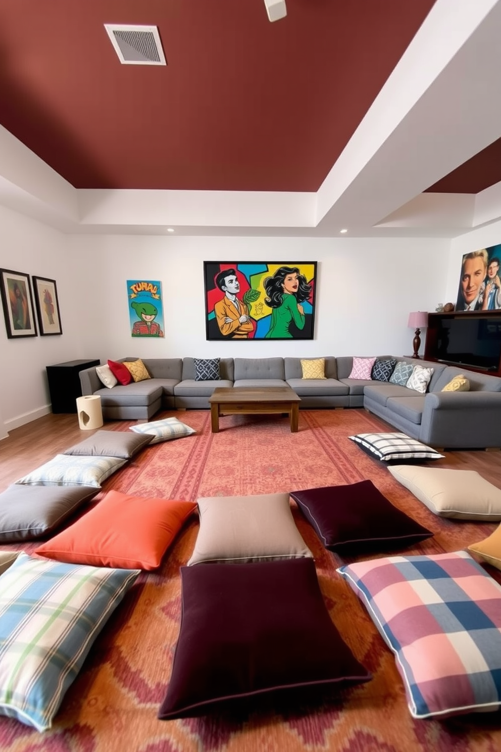 A spacious game room featuring floor cushions arranged in a cozy circle for casual gatherings. The walls are adorned with vibrant artwork, and a large sectional sofa complements the playful atmosphere.