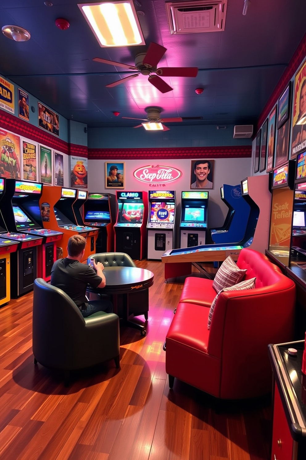 A vibrant game room filled with vintage arcade games showcasing classic designs and bright colors. The walls are adorned with retro posters, and cozy seating areas invite friends to gather and enjoy nostalgic fun. The flooring features a polished wood finish, complementing the playful atmosphere. Soft lighting creates a warm ambiance, enhancing the excitement of the game room experience.