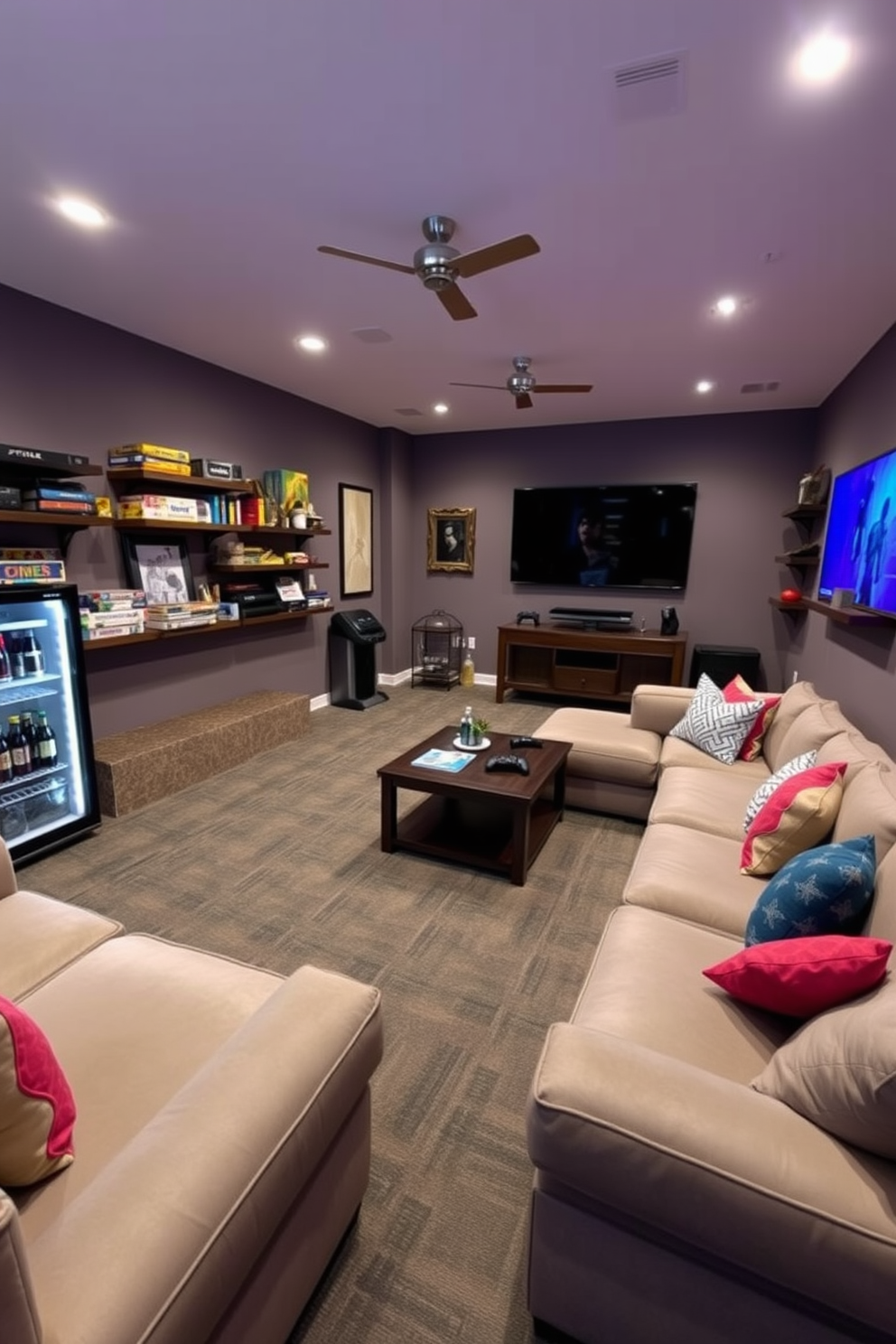 A spacious game room featuring a mini fridge for drinks and snacks. The room is designed with a combination of comfortable seating and vibrant decor to create an inviting atmosphere. There are large sectional sofas arranged around a central coffee table. Wall-mounted shelves display board games and gaming consoles, while a large screen is positioned for movie nights and gaming sessions.