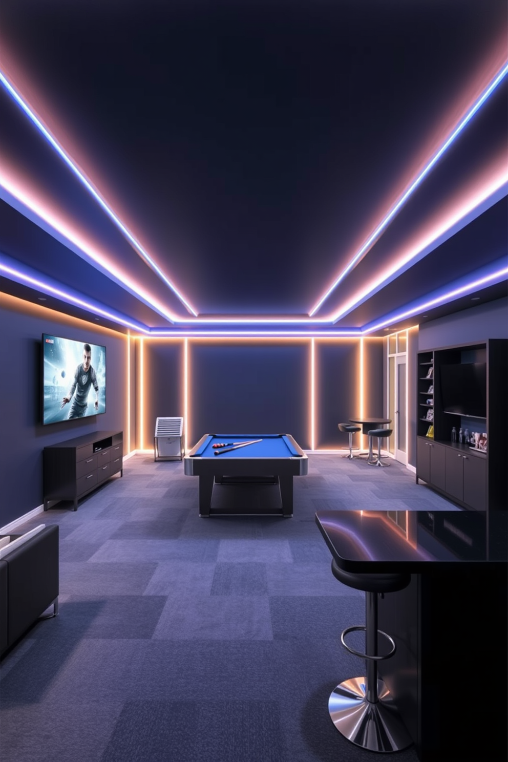 A spacious game room designed for entertainment featuring LED strip lighting along the ceiling and walls to create a vibrant atmosphere. The room includes a pool table in the center, surrounded by comfortable seating and a large flat-screen TV mounted on one wall. The color palette consists of deep blues and grays, complemented by sleek furniture with metallic accents. A mini bar area is positioned in one corner, equipped with stylish stools and shelves stocked with games and refreshments.