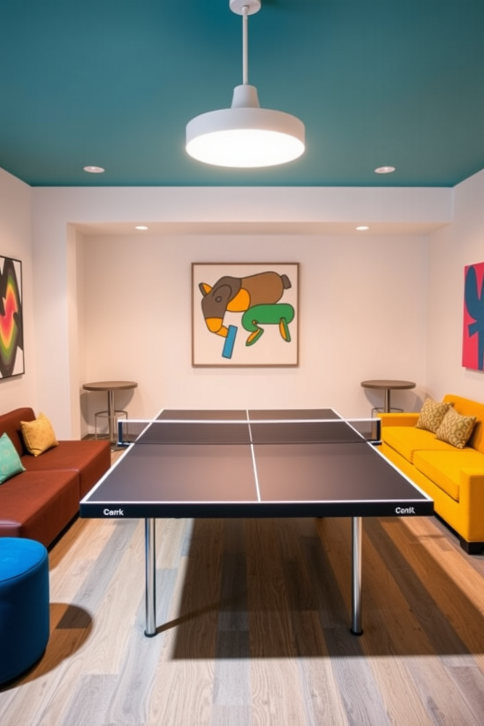 A vibrant game room featuring a sleek ping pong table at its center. Surrounding the table are comfortable seating options and colorful wall art that enhances the energetic atmosphere.