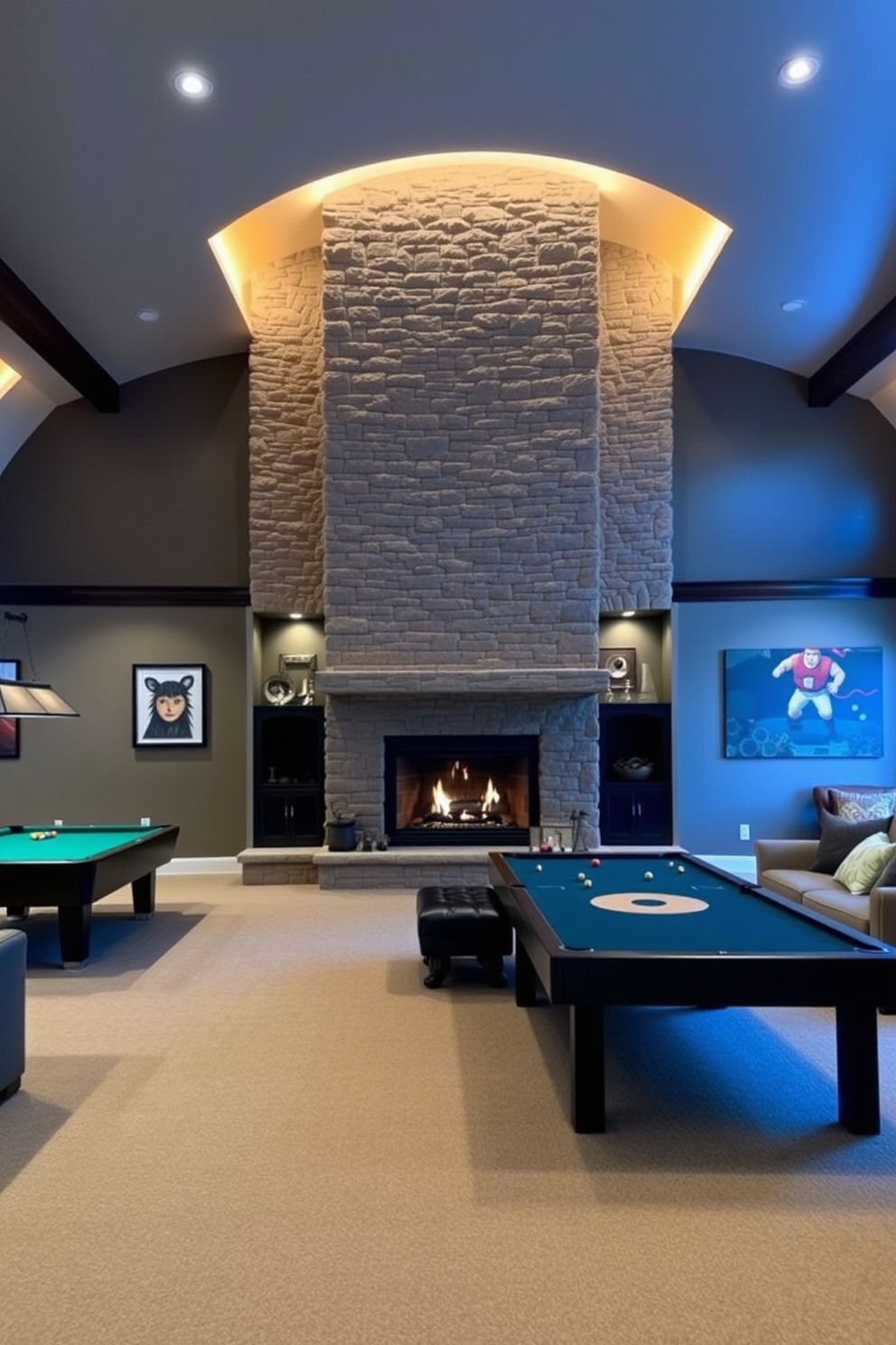 A large game room designed for entertainment features a stunning fireplace as the focal point. The fireplace is surrounded by comfortable seating, creating a cozy ambiance perfect for gatherings. The game room includes a pool table and a shuffleboard table, with ample space for movement. Walls are adorned with playful artwork, and soft lighting enhances the inviting atmosphere.