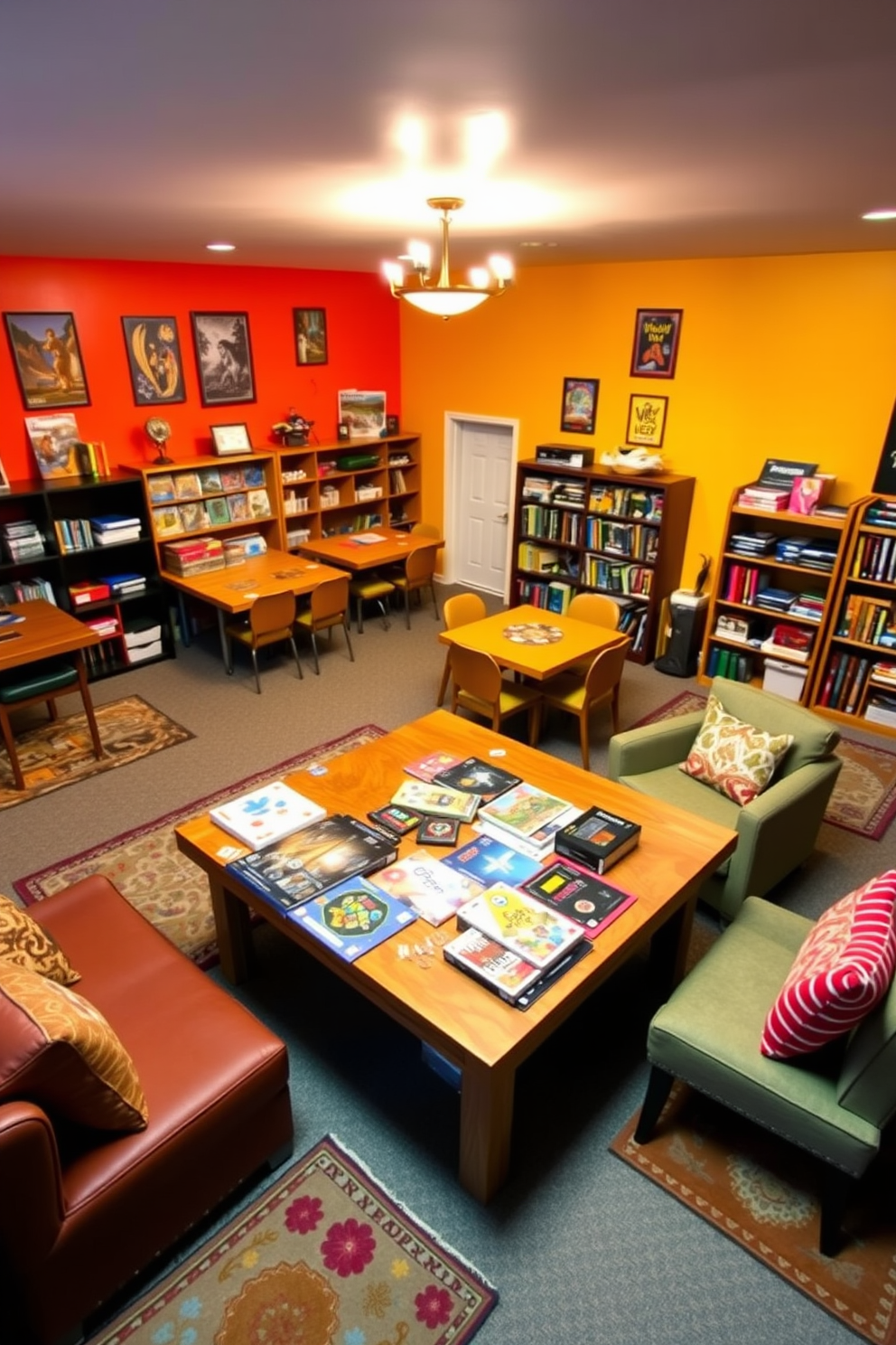 A vibrant game room filled with various puzzle stations for creative challenges. The walls are painted in bright colors, and comfortable seating is arranged around large tables for group activities. In one corner, a dedicated puzzle station features a large wooden table with an assortment of puzzles and games neatly organized on shelves. Soft lighting creates a cozy atmosphere, while colorful rugs add warmth to the floor.