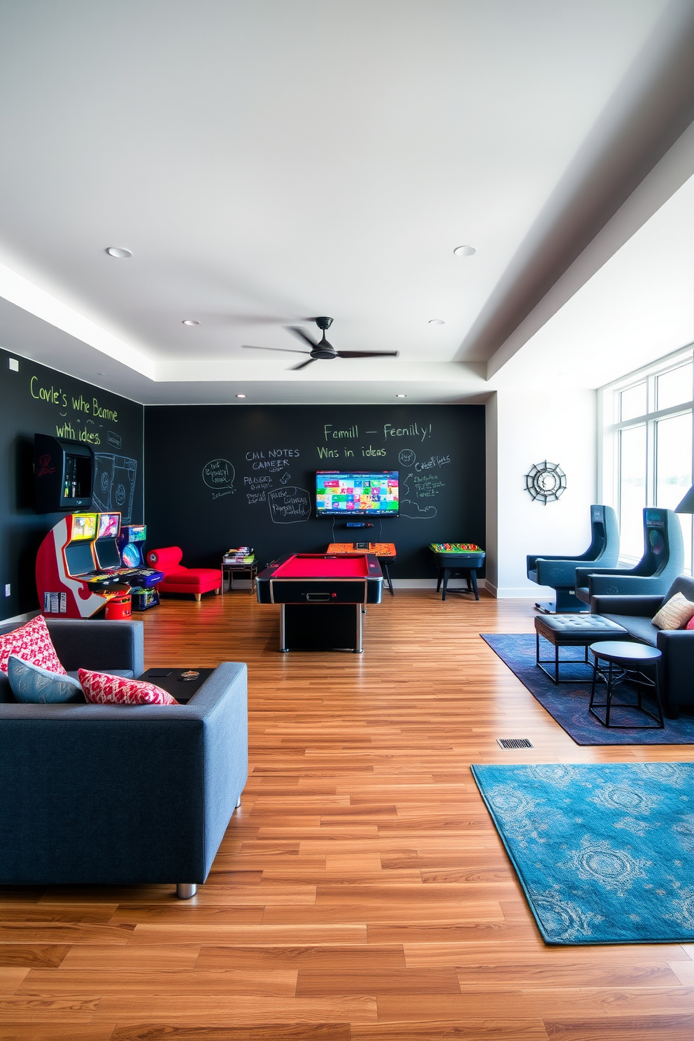 A spacious game room features a chalkboard wall that serves as a creative space for notes and ideas. The room is filled with comfortable seating and various gaming options, creating an inviting atmosphere for friends and family. The flooring is a durable hardwood that complements the modern decor. Bright accent colors are used throughout the room to enhance the playful vibe while maintaining a sophisticated edge.