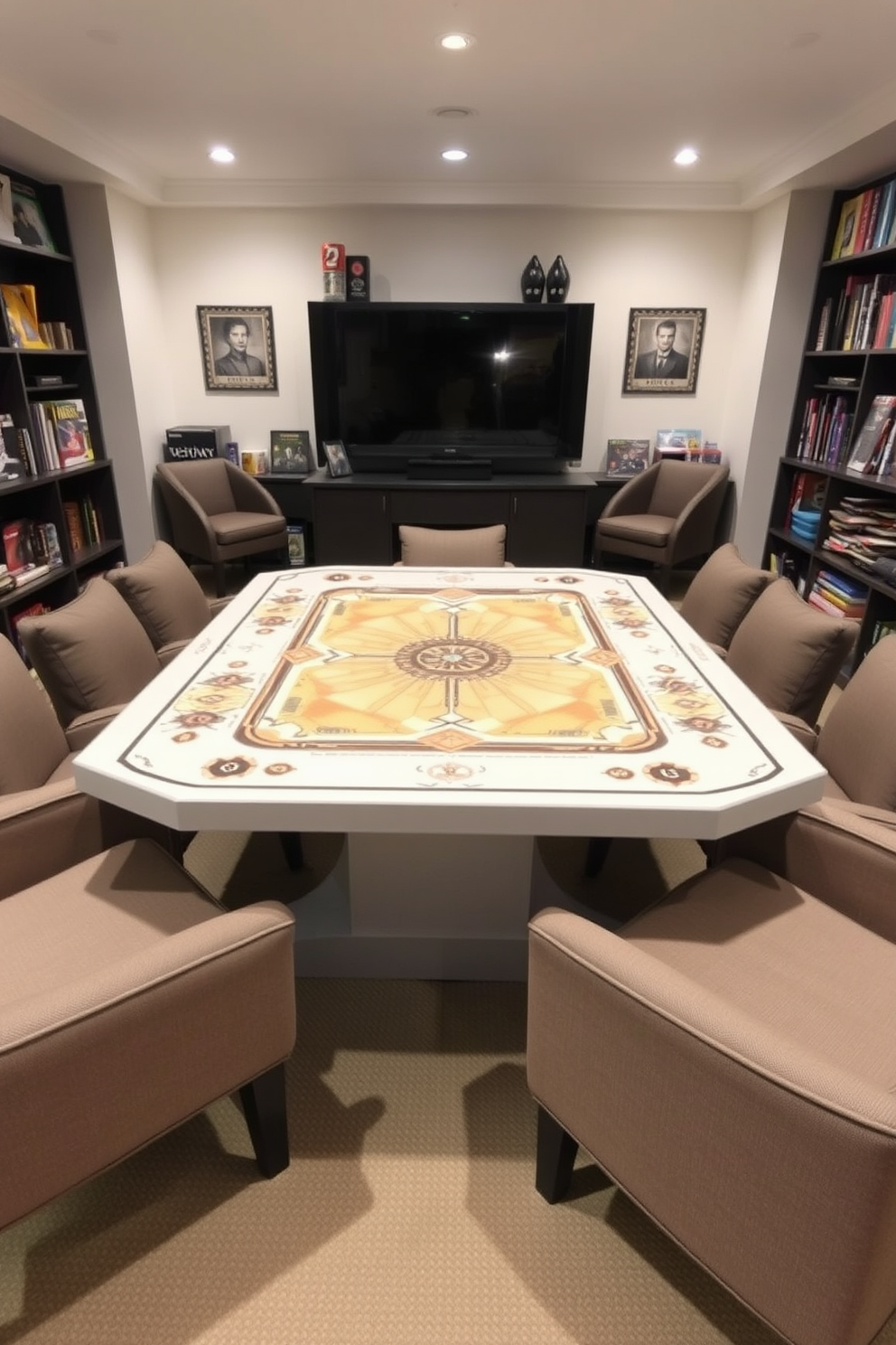 A spacious game room featuring a multi-purpose table designed for board games. The table is surrounded by comfortable seating, with shelves filled with a variety of board games and gaming accessories.