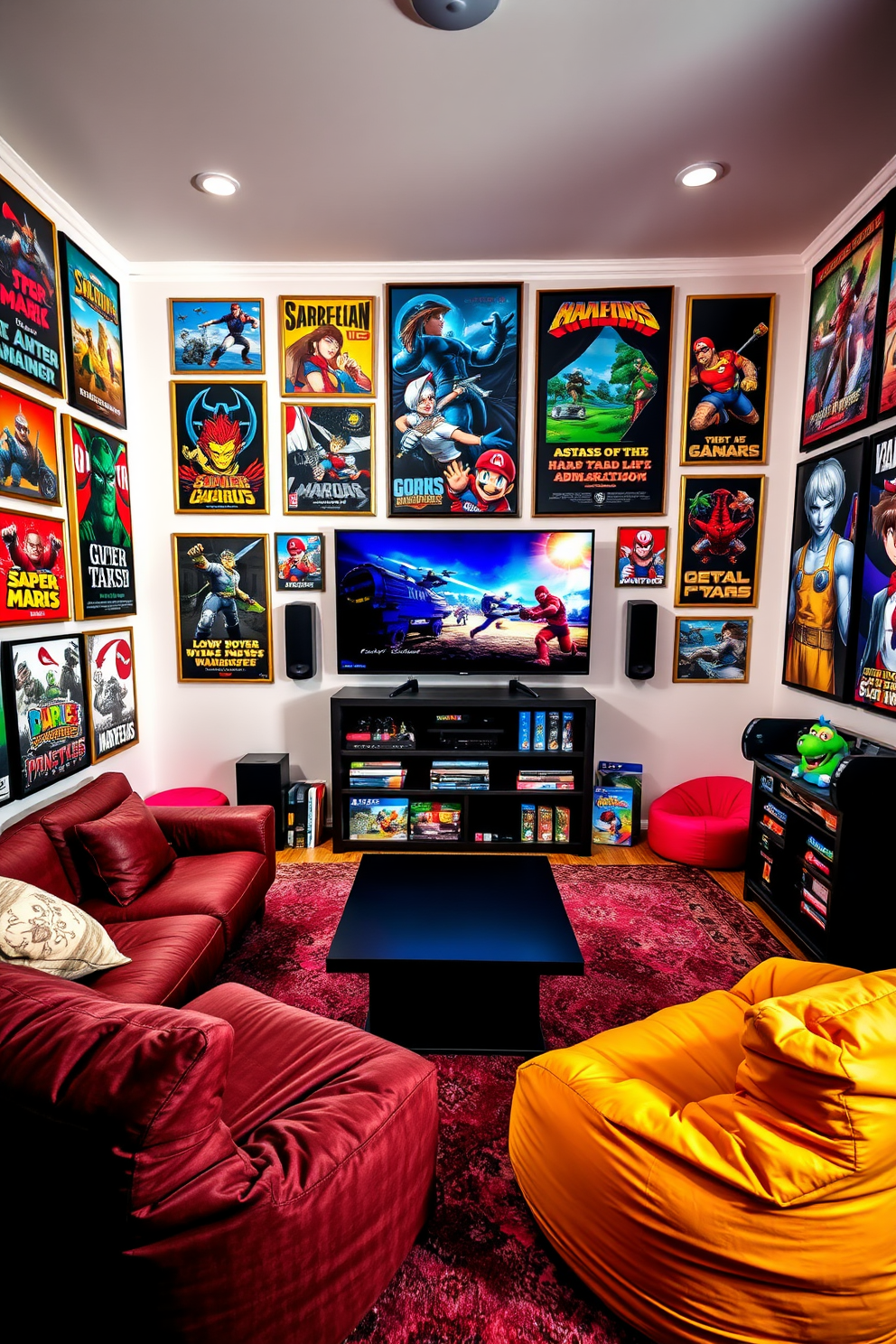 A vibrant game room featuring an array of game-themed wall art and posters that celebrate various gaming genres. The walls are adorned with colorful prints and framed artwork showcasing iconic characters and scenes, creating an immersive atmosphere. The room includes comfortable seating options such as a plush sectional sofa and bean bags arranged for optimal viewing of a large screen. A sleek coffee table sits in the center, surrounded by shelves filled with games and collectibles, enhancing the playful yet stylish design.