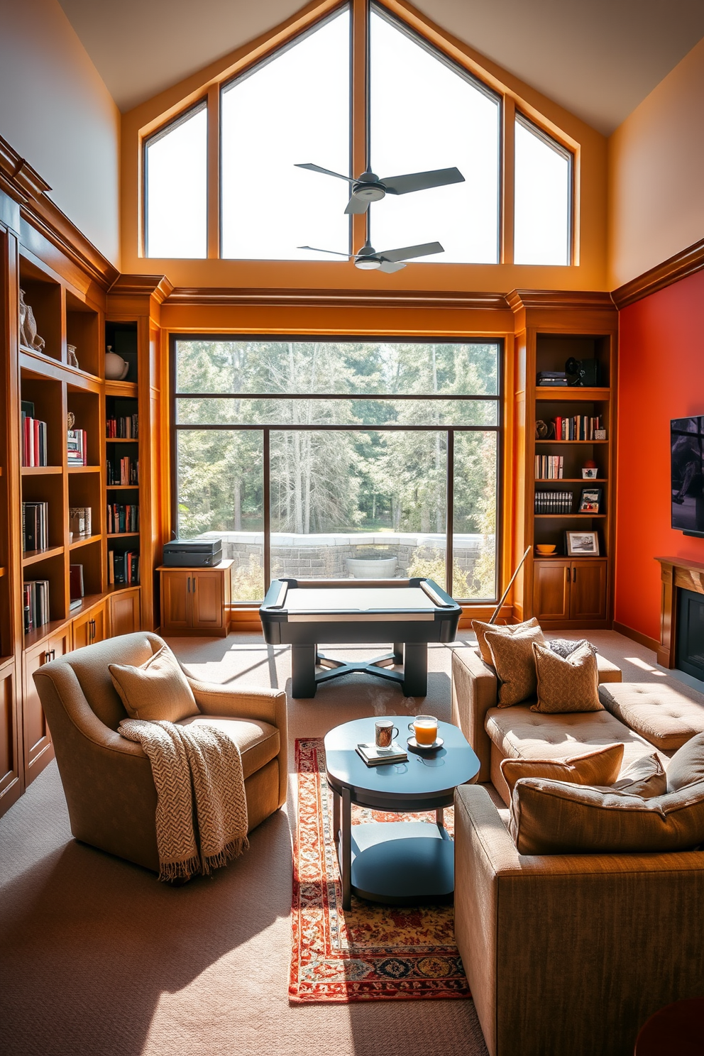 Cozy reading nook with built-in shelves. A plush armchair is positioned in the corner next to a large window, allowing natural light to fill the space. The walls are lined with built-in wooden shelves filled with books and decorative items. A soft, textured throw blanket is draped over the armchair, and a small side table holds a steaming cup of tea. Large game room design ideas. The room features a spacious layout with a pool table in the center and a comfortable sectional sofa arranged around a coffee table. Brightly colored walls create an inviting atmosphere, while large windows provide ample light. A gaming console and a large screen are mounted on one wall, making it a perfect spot for entertainment.