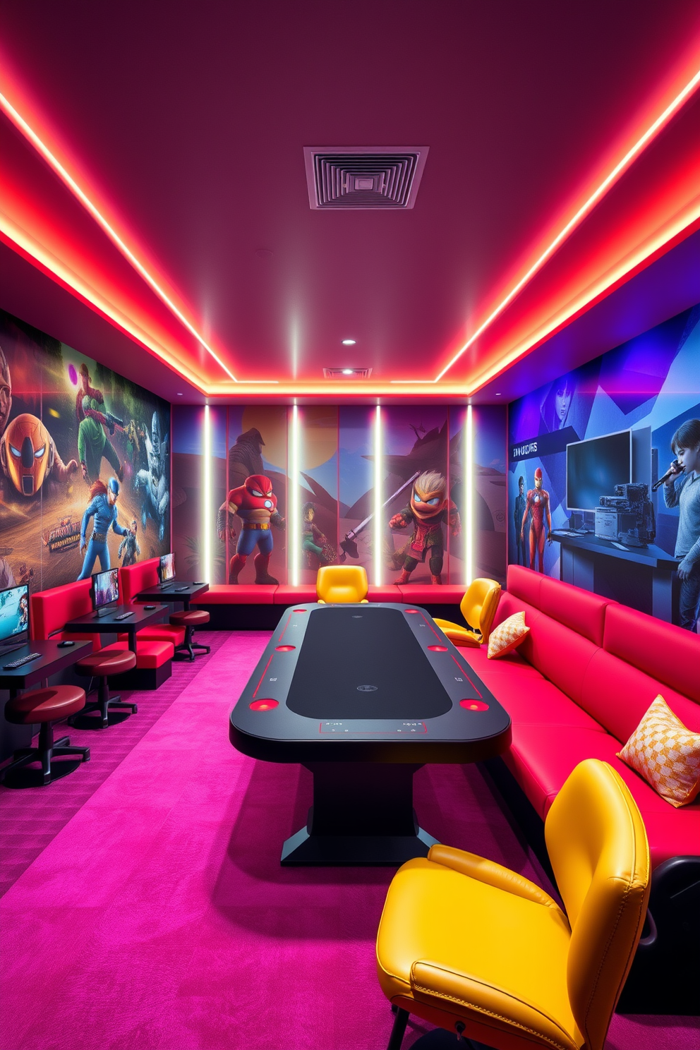 A spacious game room designed with a theme inspired by favorite video games. The walls are adorned with vibrant murals depicting iconic scenes and characters, while plush seating in bright colors invites relaxation and play. A large gaming table takes center stage, surrounded by comfortable chairs that reflect the aesthetics of popular gaming franchises. Ambient lighting in the form of LED strips creates an immersive atmosphere, enhancing the excitement of game nights.