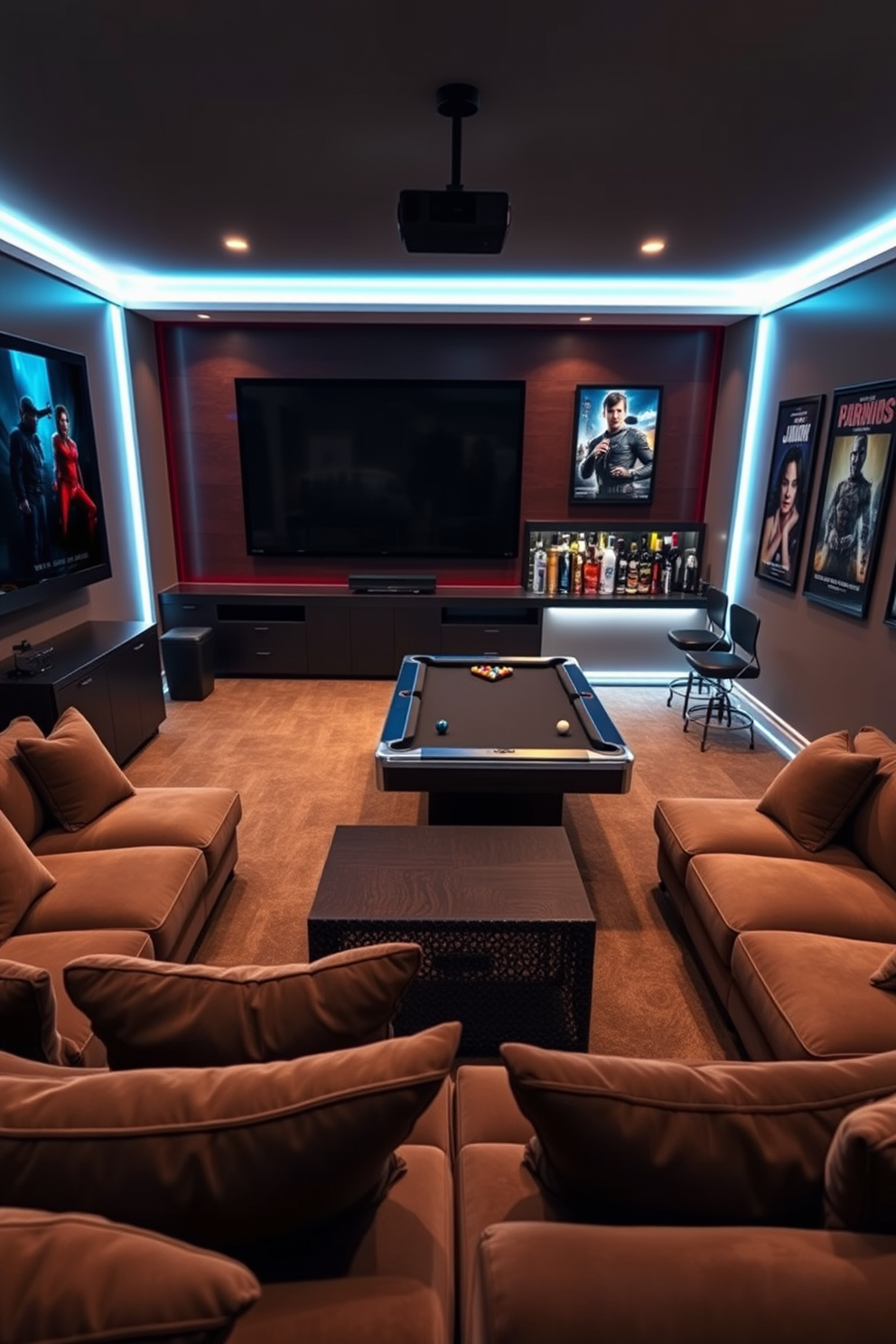 A large screen dominates the wall of the game room, perfect for movie nights with friends and family. Plush seating surrounds a central coffee table, creating an inviting space for relaxation and entertainment. The game room features a sleek pool table in the center, complemented by a wet bar stocked with refreshments. Bright LED lighting enhances the playful atmosphere, while framed posters of classic movies adorn the walls.