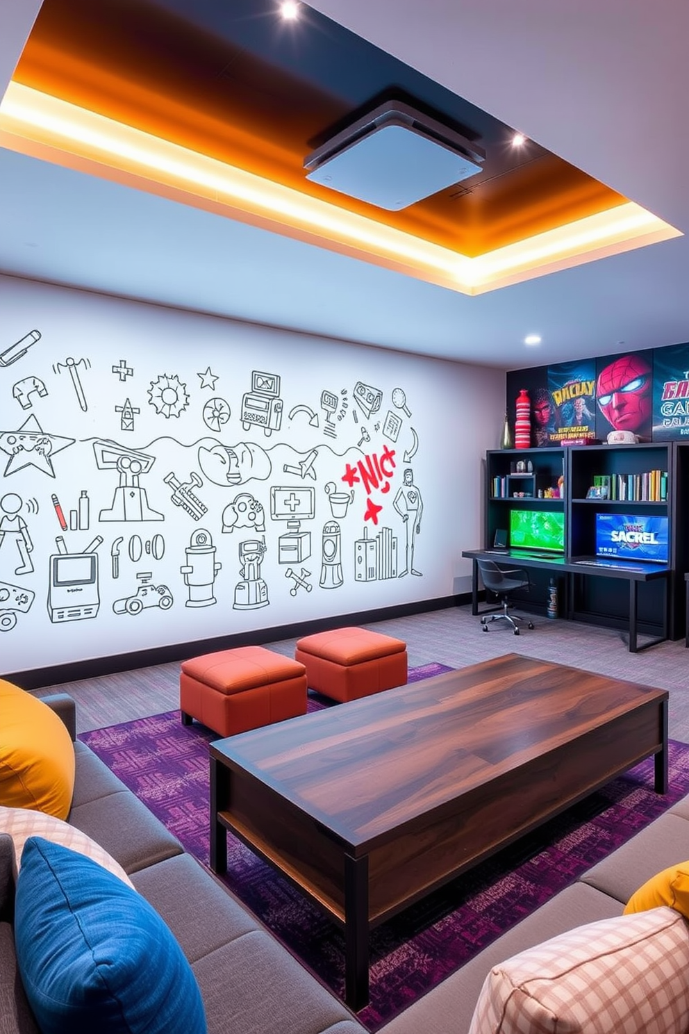 A spacious game room designed for both drawing and gaming features an interactive wall that allows for creative expression. The room is filled with comfortable seating options and vibrant decor to inspire imagination and fun.