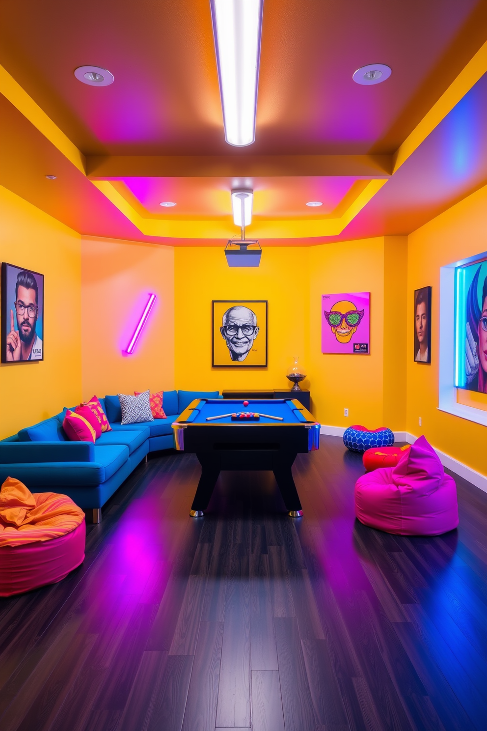 Bright color palette for energetic vibe. The game room features vibrant walls painted in a lively yellow, with a plush blue sectional sofa and colorful bean bags scattered around. A large pool table sits in the center, surrounded by bold artwork and neon lights that enhance the playful atmosphere. The flooring is a sleek dark laminate, providing a striking contrast to the bright furnishings and decor.