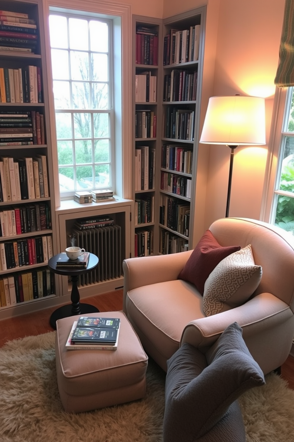 A cozy reading nook featuring an oversized armchair upholstered in soft fabric. A small side table beside the chair holds a steaming cup of tea and a stack of well-loved books. The walls are lined with built-in bookshelves filled with a diverse collection of novels and art books. Warm lighting from a nearby floor lamp creates an inviting atmosphere, perfect for curling up with a good book. A plush area rug underfoot adds comfort, while a large window allows natural light to flood the space. Decorative cushions in varying textures enhance the cozy feel of the nook.