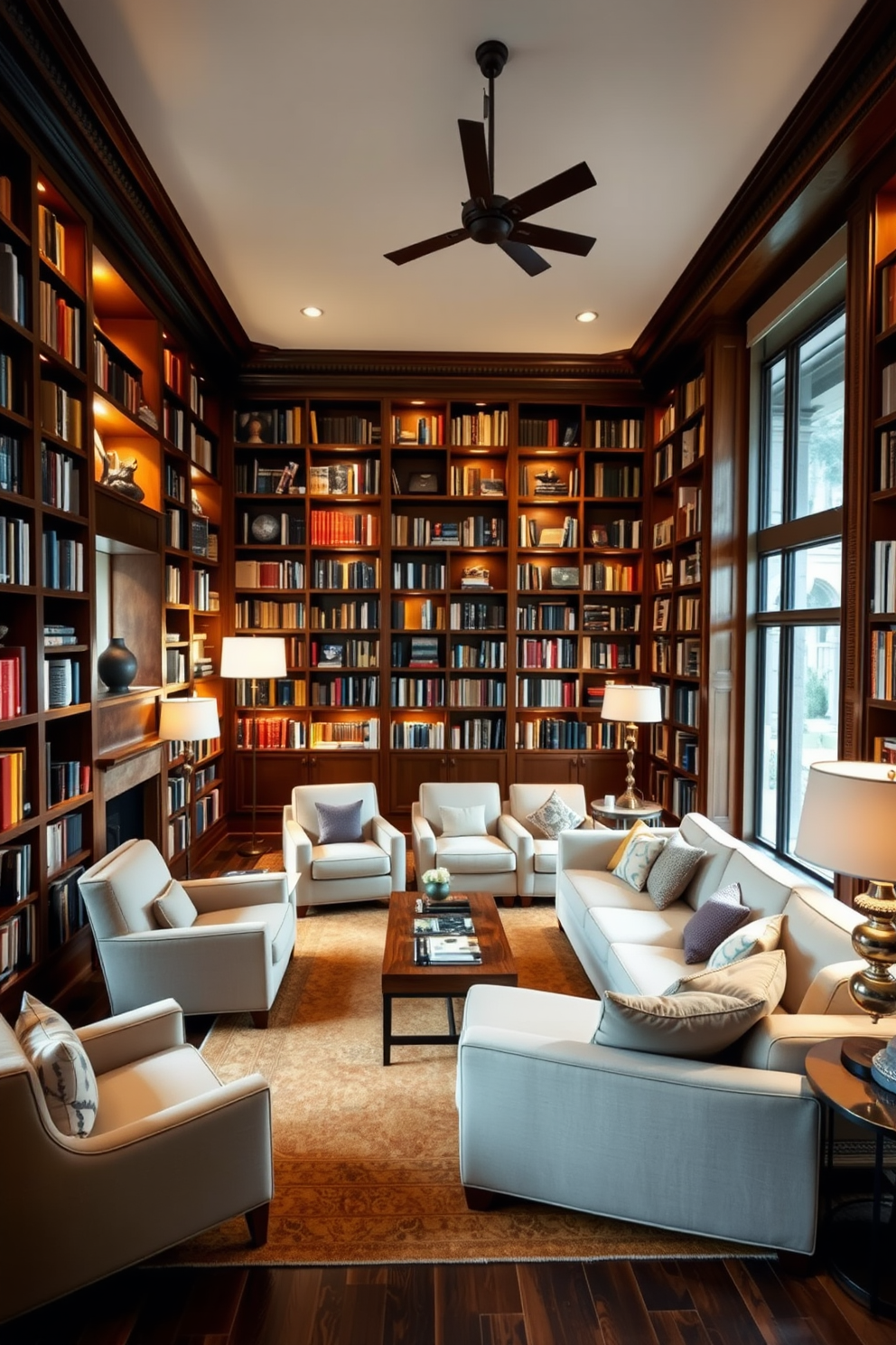 A large home library with soft lighting that creates a cozy atmosphere. The space features a mix of table and floor lamps illuminating the rich wooden bookshelves filled with an array of books. Comfortable seating areas are arranged throughout the room, including plush armchairs and a large sectional sofa. A warm area rug anchors the seating, inviting readers to relax and enjoy their favorite novels.