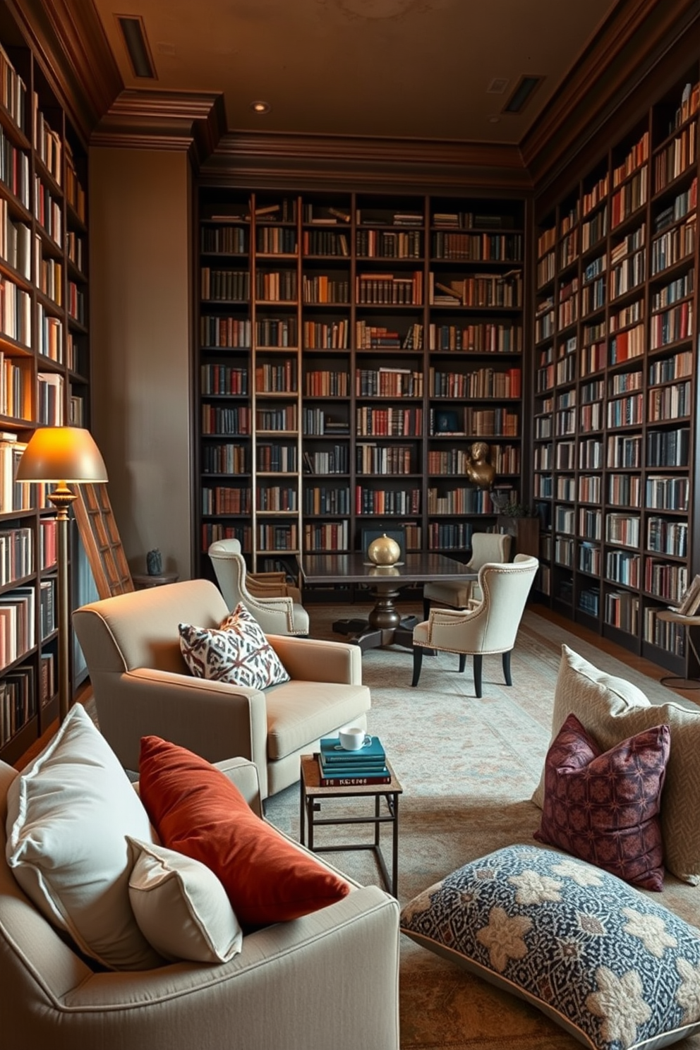 A cozy reading corner features a comfortable armchair upholstered in soft fabric, surrounded by an array of plush cushions in various textures and colors. A small side table holds a stack of books and a steaming cup of tea, while a warm floor lamp casts a gentle glow over the space. The large home library showcases floor-to-ceiling bookshelves filled with books of all genres, accented by a sliding ladder for easy access. A central reading table is surrounded by elegant chairs, creating an inviting atmosphere for study and relaxation.